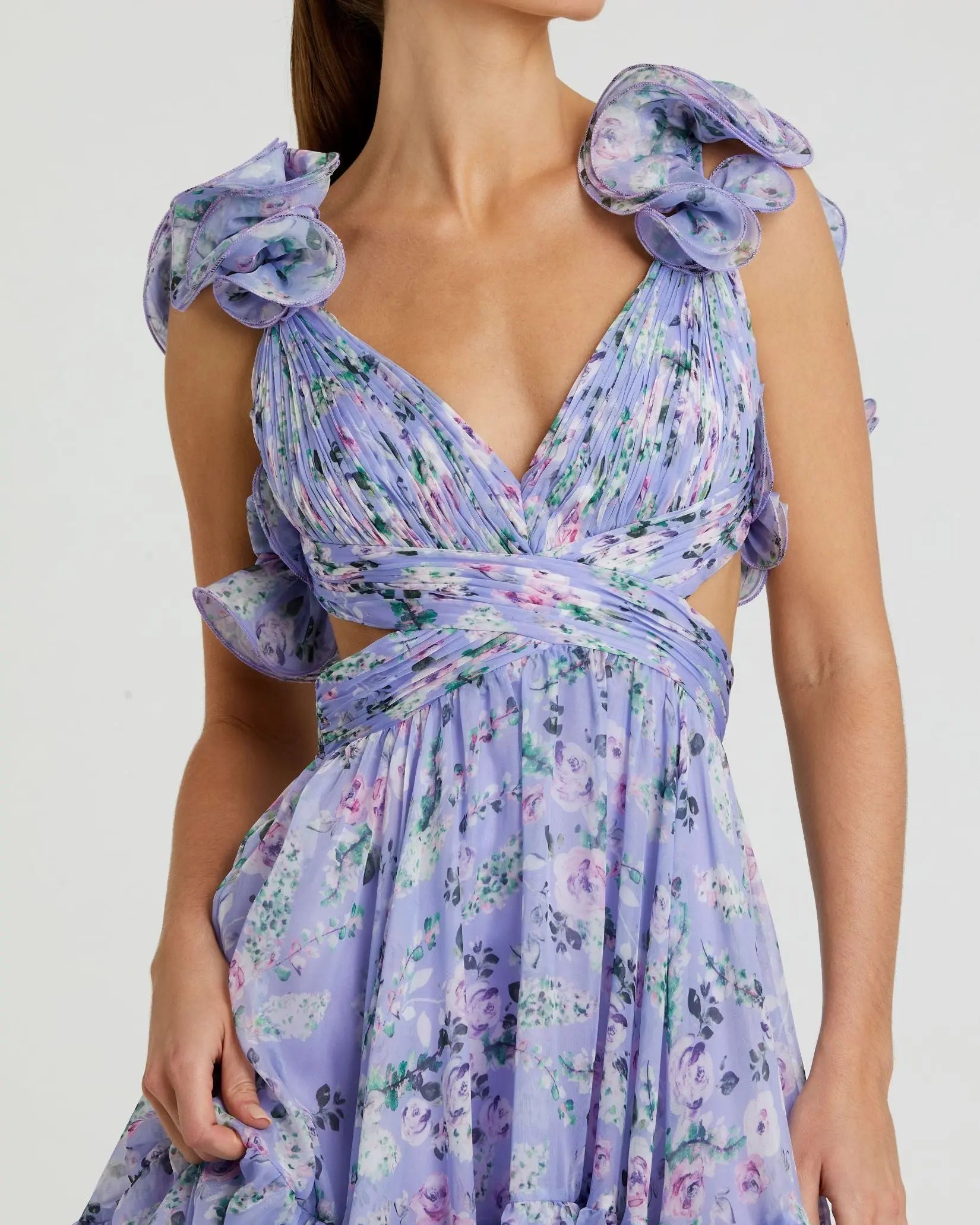 Purple Ruffle Tiered Floral Chiffon Midi Dress | Mac Duggal Purple Ruffle Tiered Floral Chiffon Midi Dress | Mac Duggal