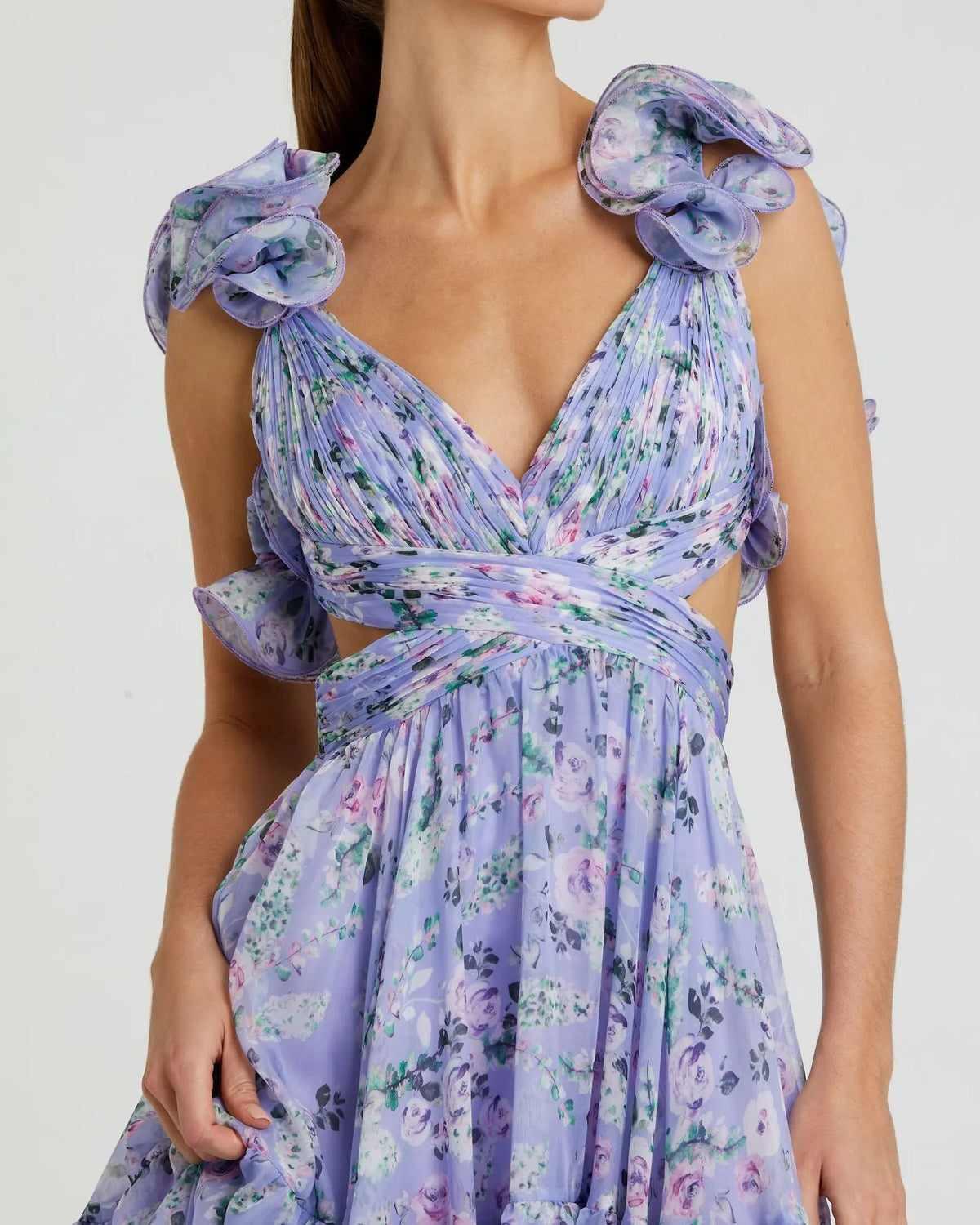 Purple Ruffle Tiered Floral Chiffon Midi Dress | Mac Duggal