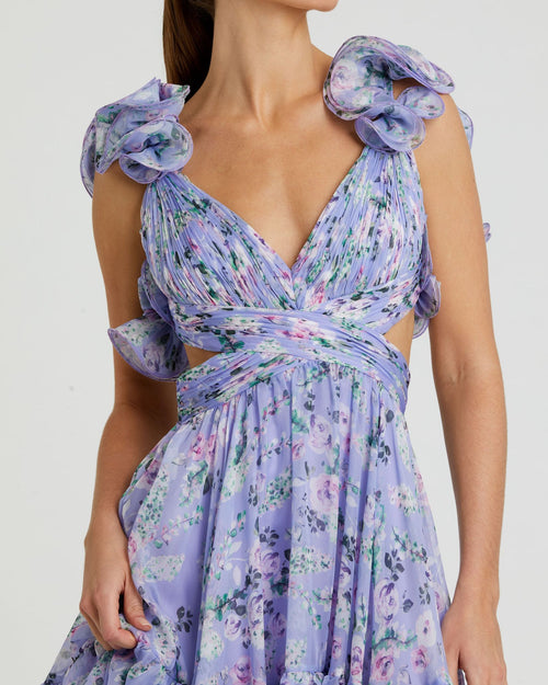 Ruffle Tiered Cut-Out Floral Chiffon Dress