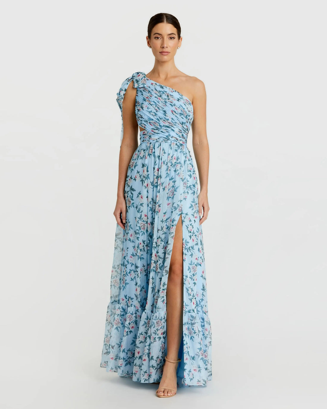 Blue Floral Chiffon One Shoulder Gown - Mac Duggal Blue Floral Chiffon One Shoulder Gown - Mac Duggal