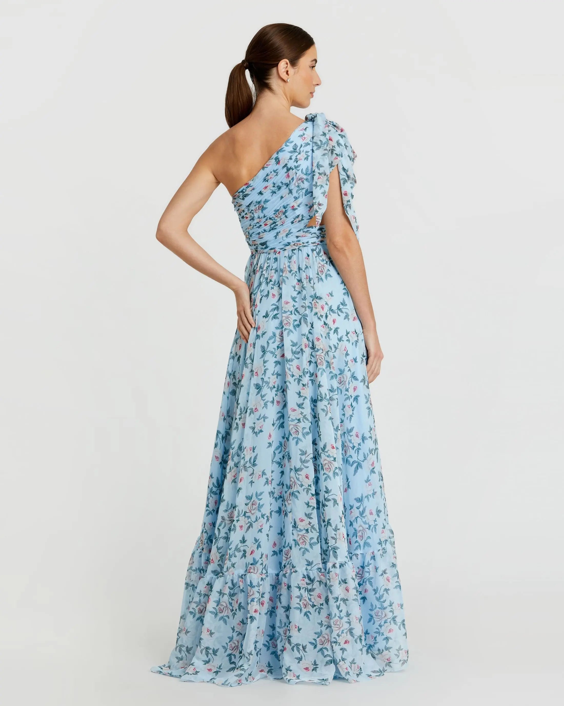 Blue Floral Chiffon One Shoulder Gown Ieena for Mac Duggal