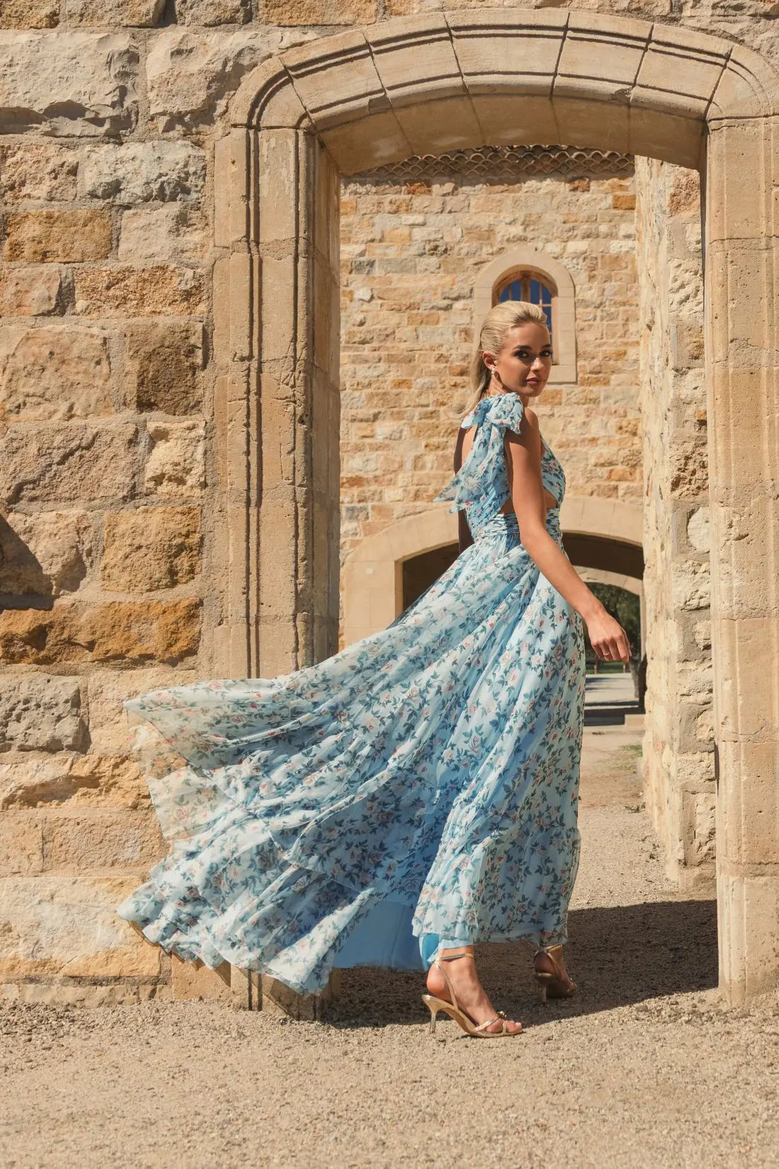 Blue Floral Chiffon One Shoulder Gown Blue Floral Chiffon One Shoulder Gown
