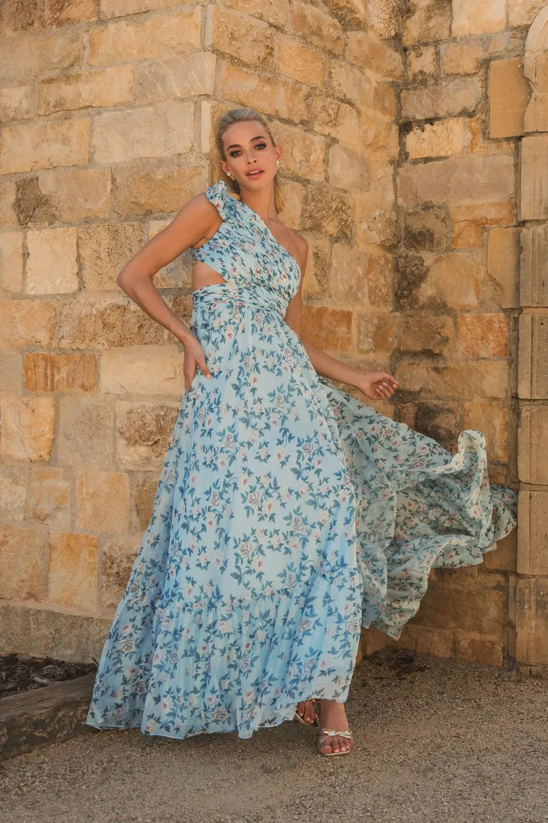 Blue Floral Chiffon One Shoulder Gown Blue Floral Chiffon One Shoulder Gown