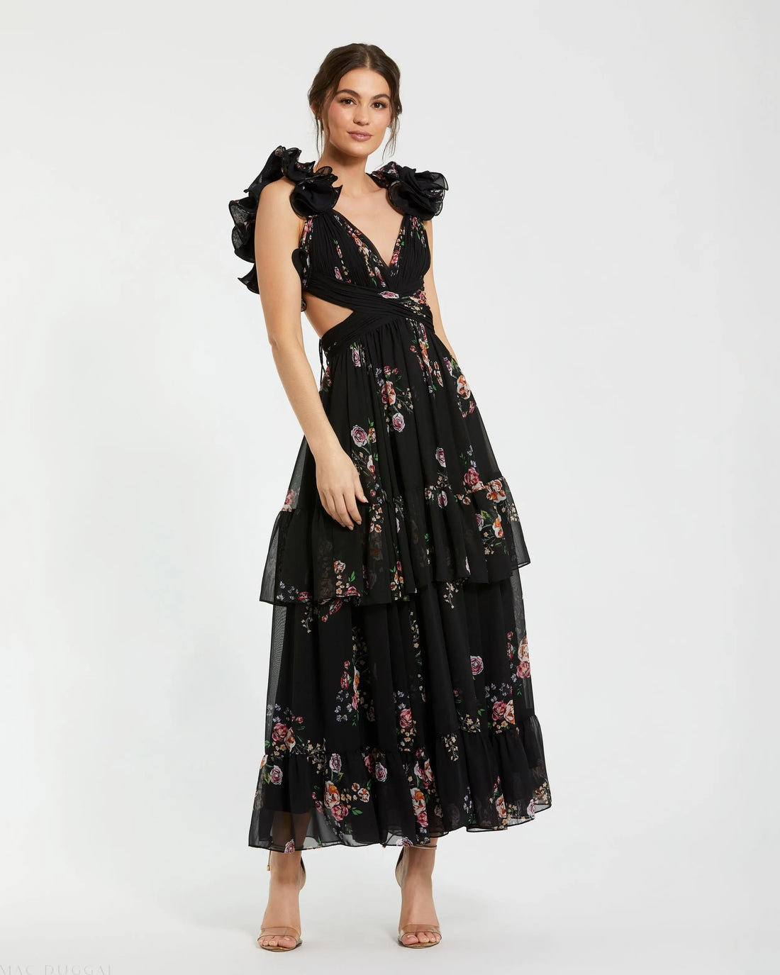 Black Ruffle Tiered Cut-Out Floral Print Chiffon Dress - Mac Duggal Black Ruffle Tiered Cut-Out Floral Print Chiffon Dress - Mac Duggal