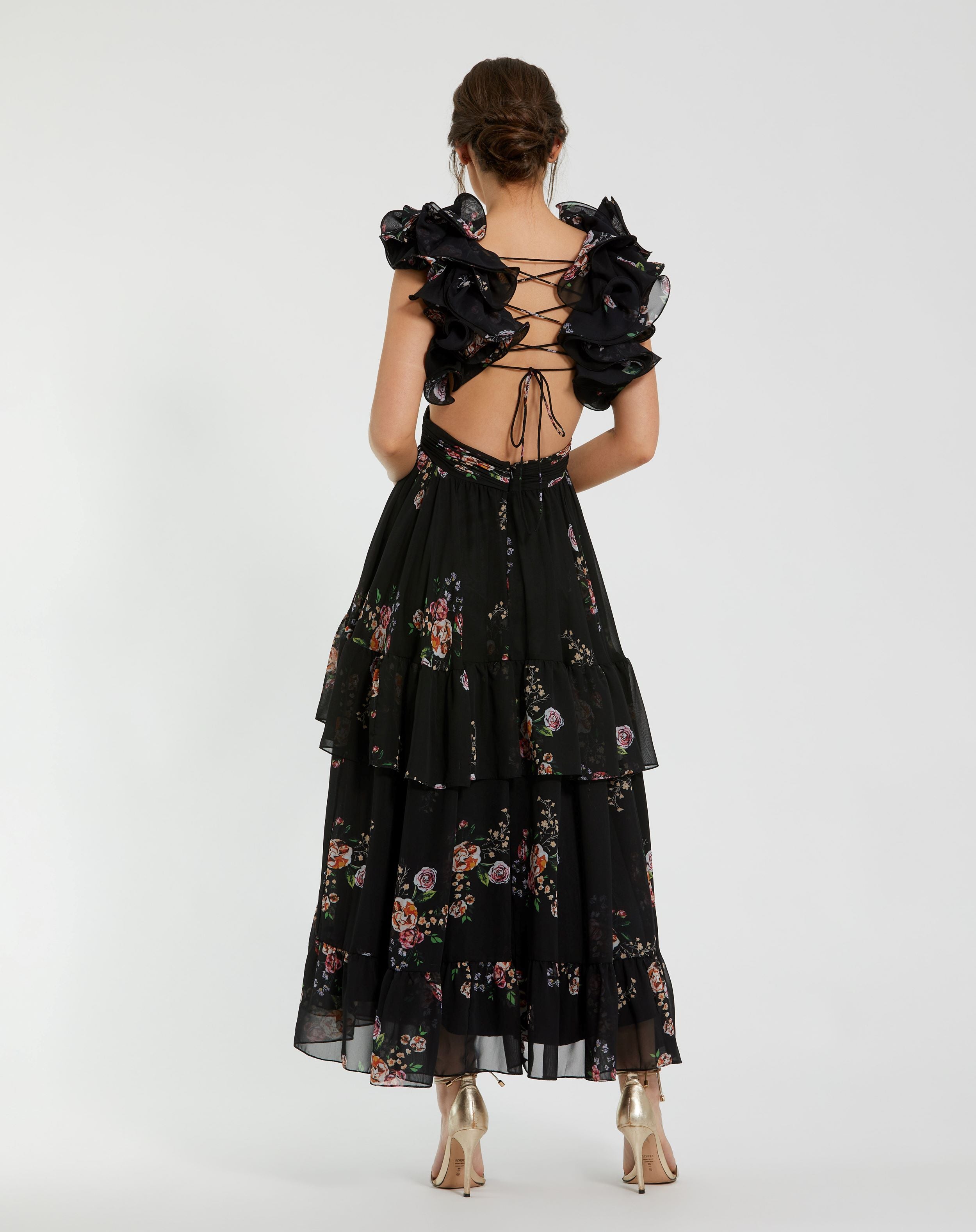 Ruffle Tiered Cut-Out Floral Print Chiffon Dress