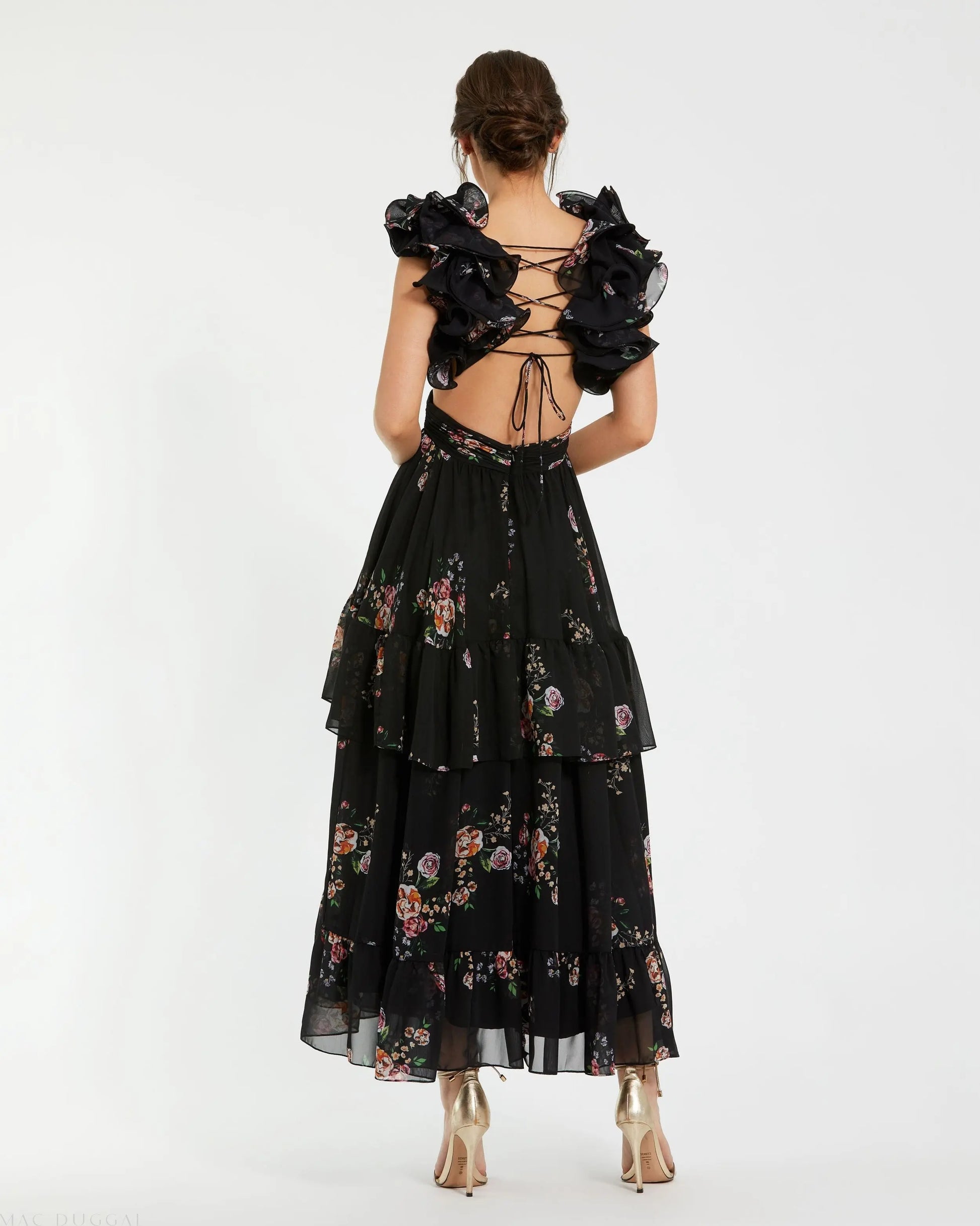 Black Ruffle Tiered Cut-Out Floral Print Chiffon Dress - Mac Duggal Black Ruffle Tiered Cut-Out Floral Print Chiffon Dress - Mac Duggal