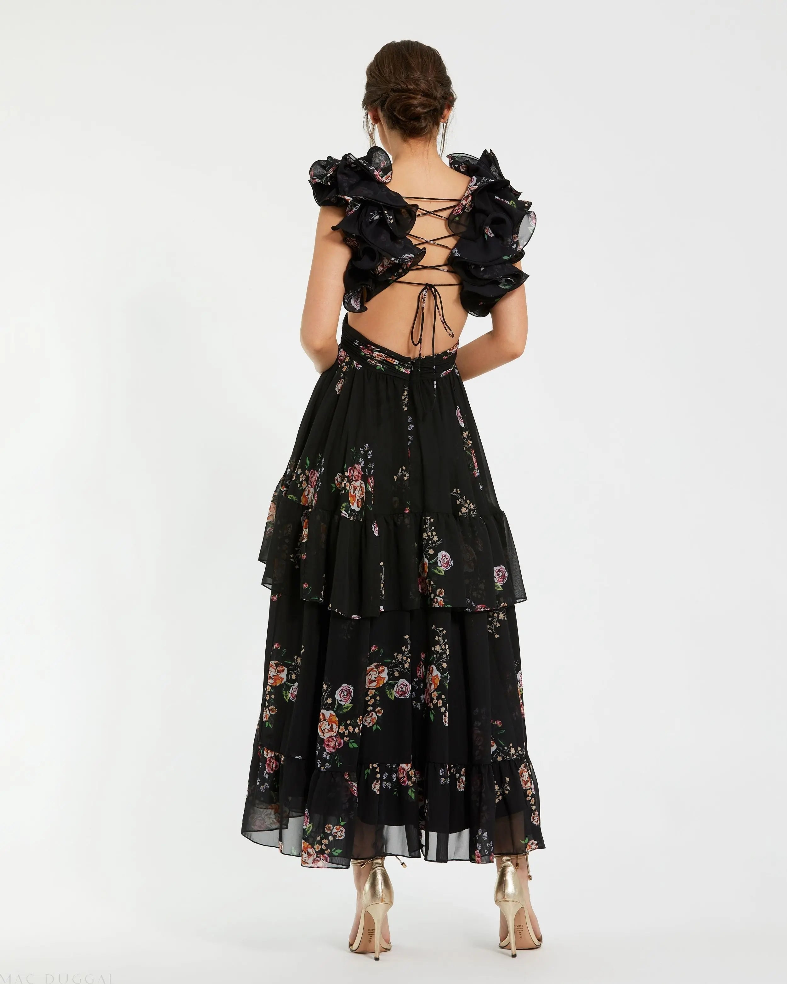 Black Ruffle Tiered Cut-Out Floral Print Chiffon Dress - Mac Duggal