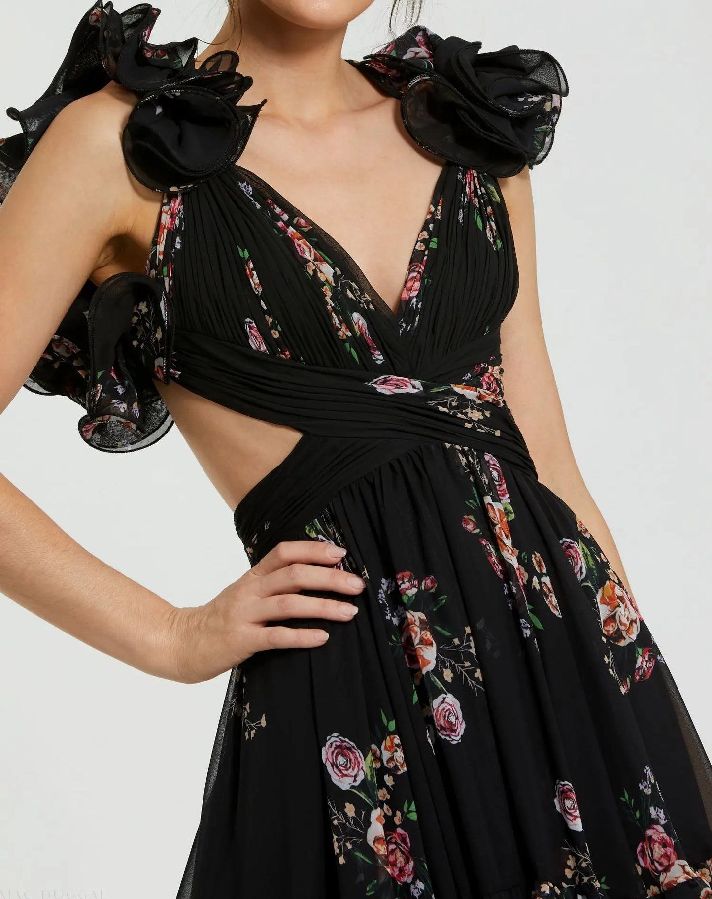 Black Ruffle Tiered Cut-Out Floral Print Chiffon Dress - Mac Duggal Black Multi / US 2 Black Ruffle Tiered Cut-Out Floral Print Chiffon Dress - Mac Duggal Black Multi / US 2