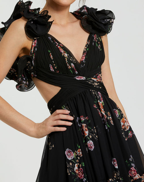 Ruffle Tiered Cut-Out Floral Print Chiffon Dress