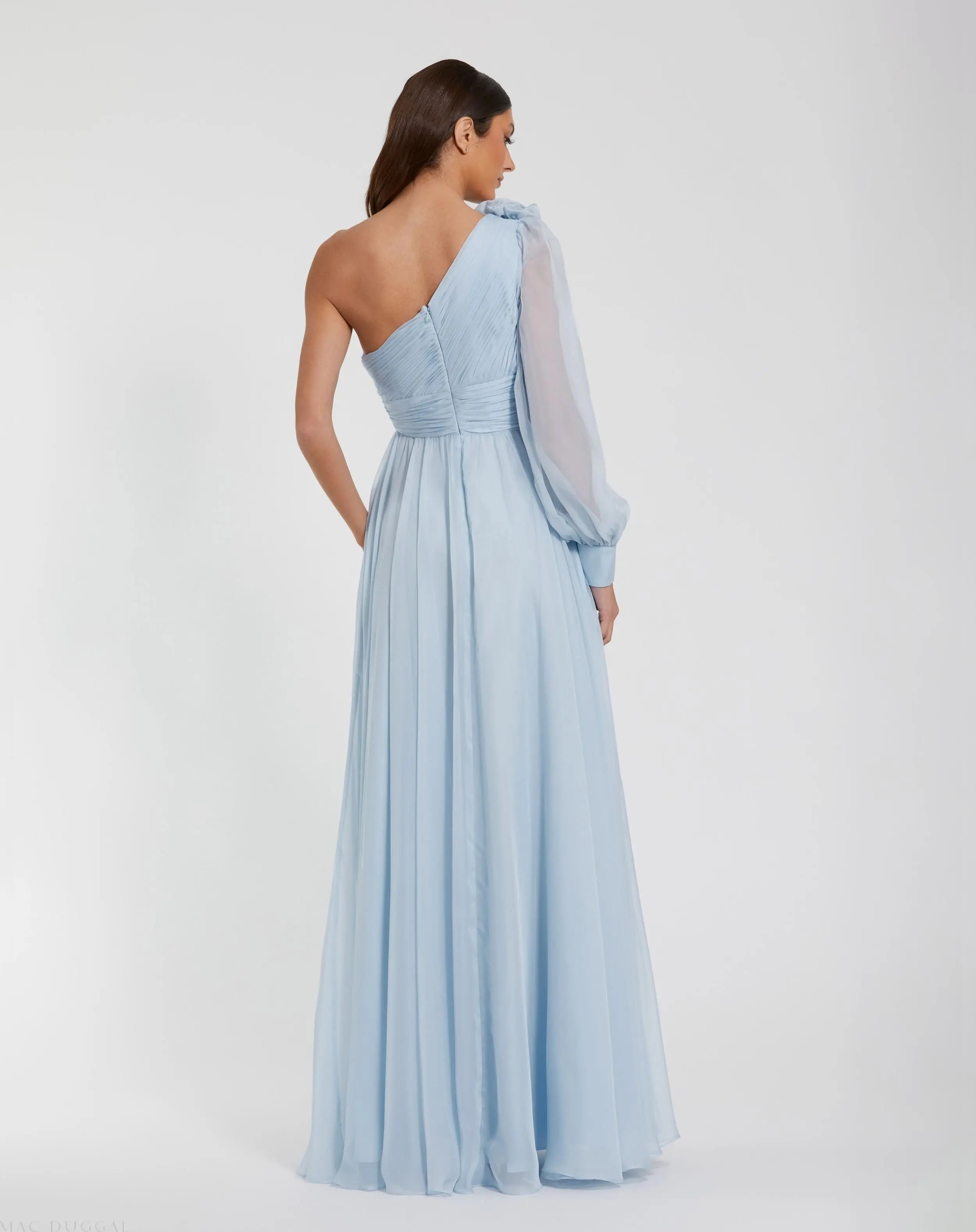 Blue One Sleeve Chiffon Gown With 3D Flowers - Mac Duggal