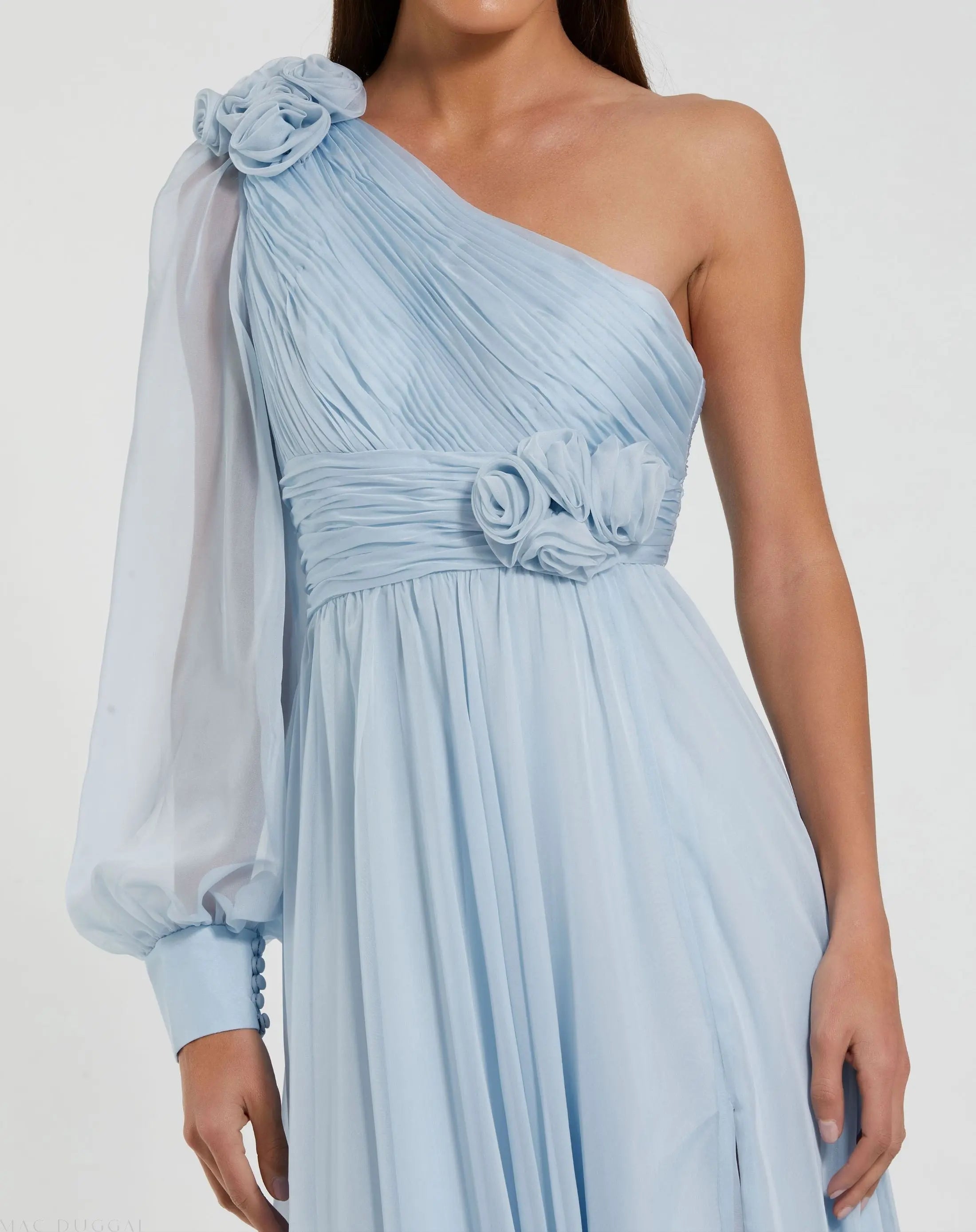Blue One Sleeve Chiffon Gown With 3D Flowers - Mac Duggal