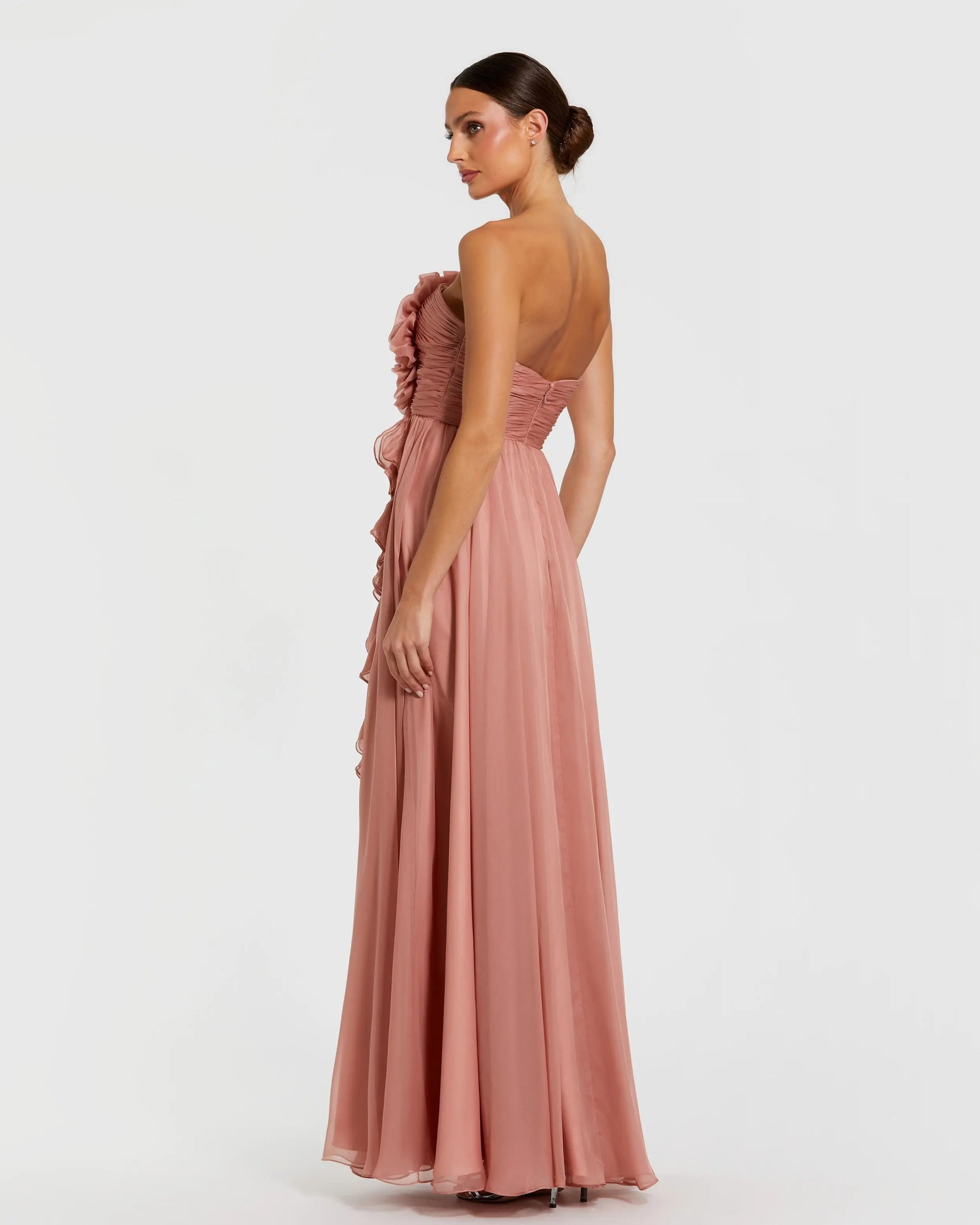 Ieena for Mac Duggal - Pink Strapless Chiffon Gown with Oversized 3D Flower - Rose / US 12 Ieena for Mac Duggal - Pink Strapless Chiffon Gown with Oversized 3D Flower - Rose / US 12
