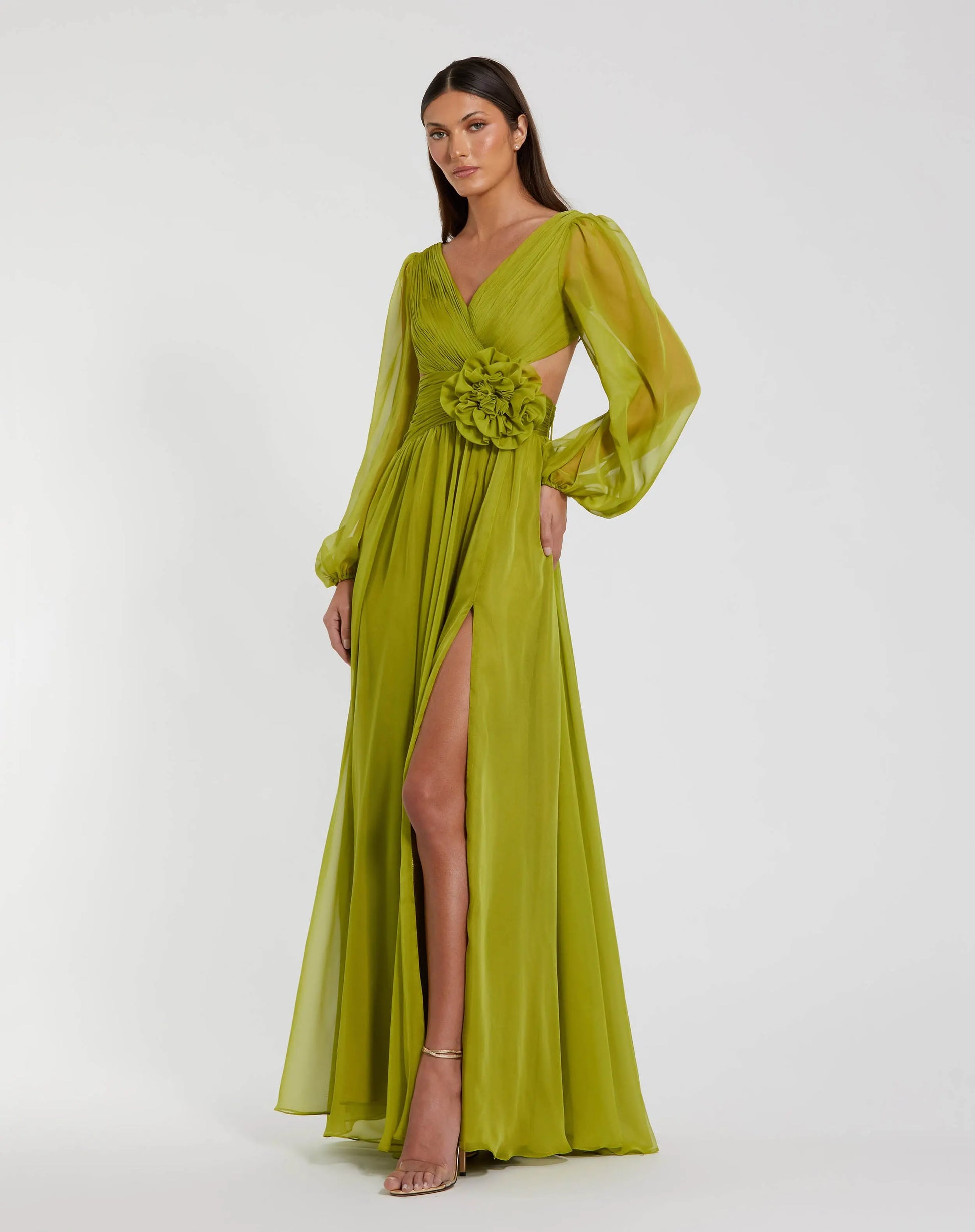 Green Long Sleeve V-Neck Chiffon Gown With 3D Flower - Ieena for Mac Duggal