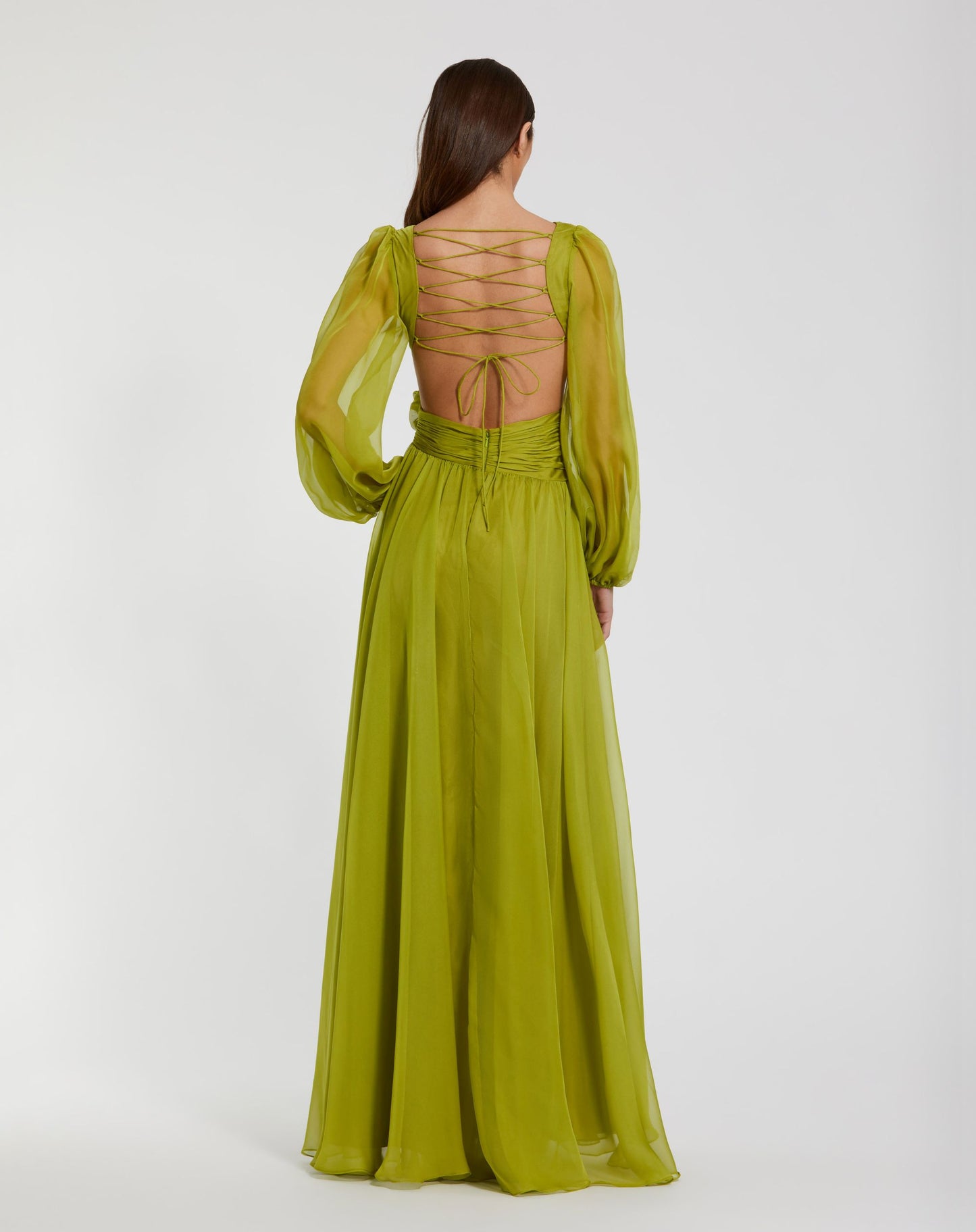Green Long Sleeve V-Neck Chiffon Gown With 3D Flower - Ieena for Mac Duggal