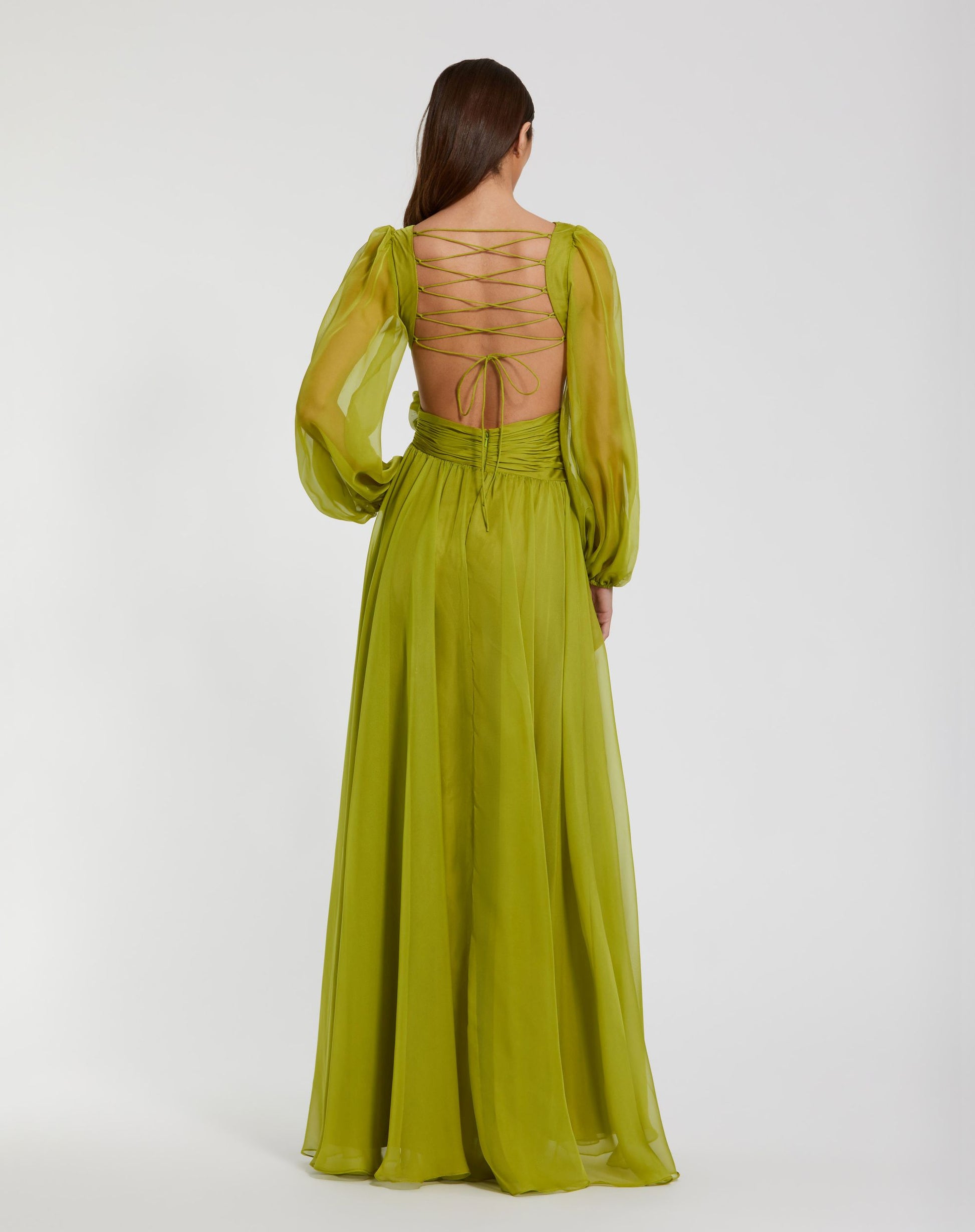 Green Long Sleeve V-Neck Chiffon Gown With 3D Flower - Ieena for Mac Duggal