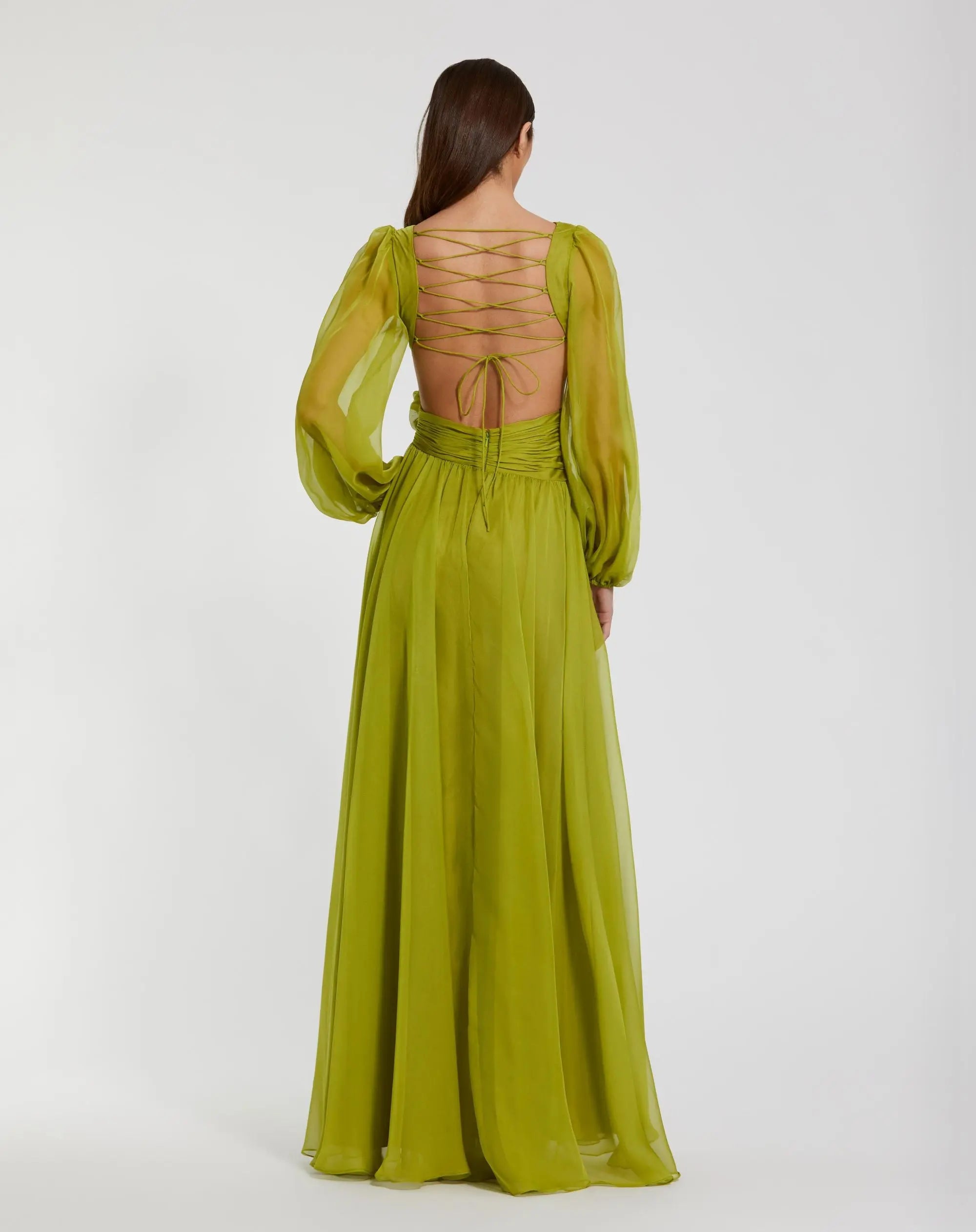 Green Long Sleeve V-Neck Chiffon Gown With 3D Flower - Ieena for Mac Duggal