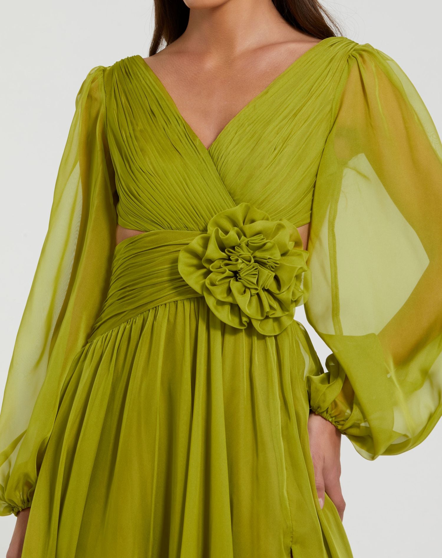 Green Long Sleeve V-Neck Chiffon Gown With 3D Flower - Ieena for Mac Duggal