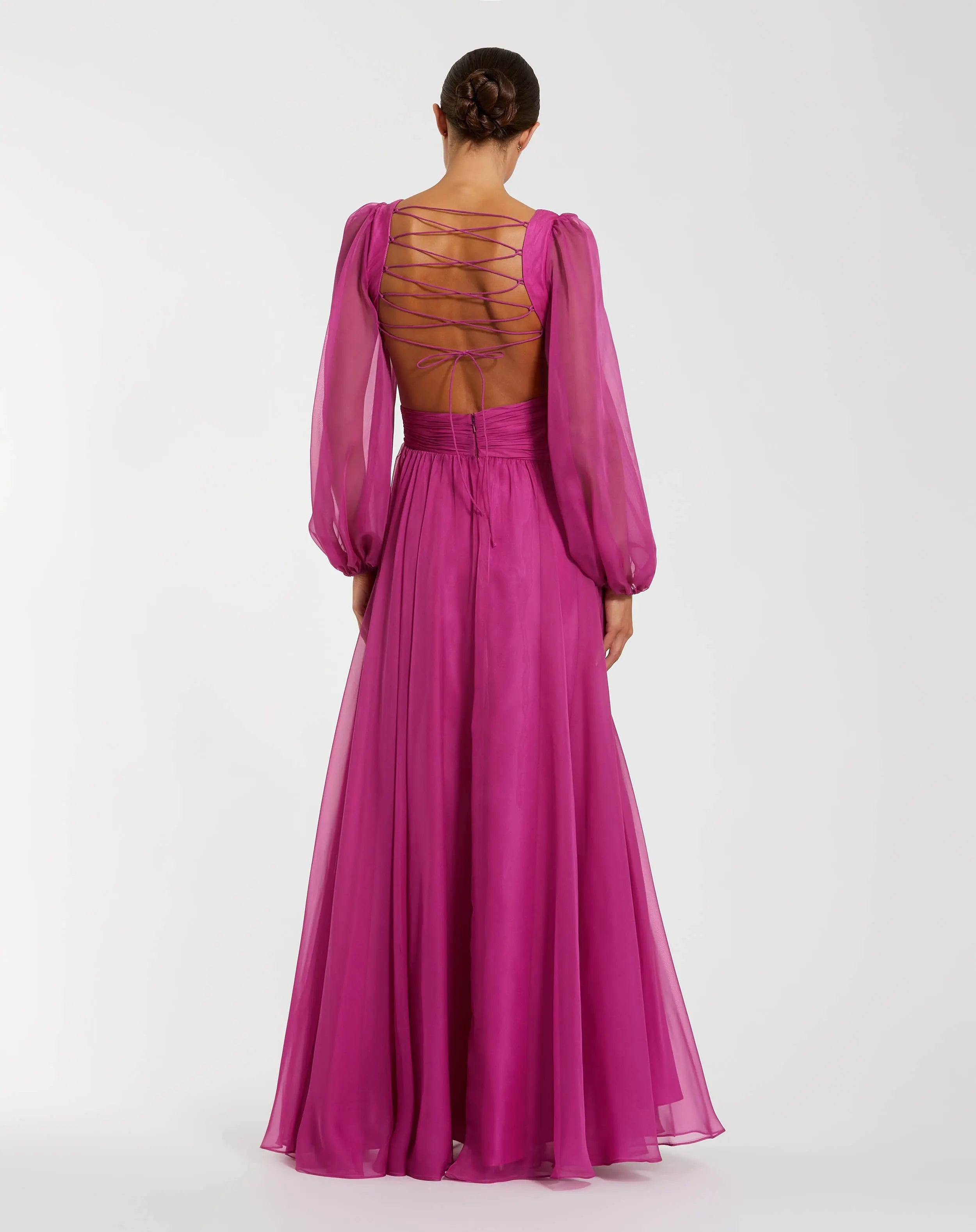 magenta maxi dress with sleeves Pink Long Sleeve V-Neck Chiffon Gown With 3D Flower