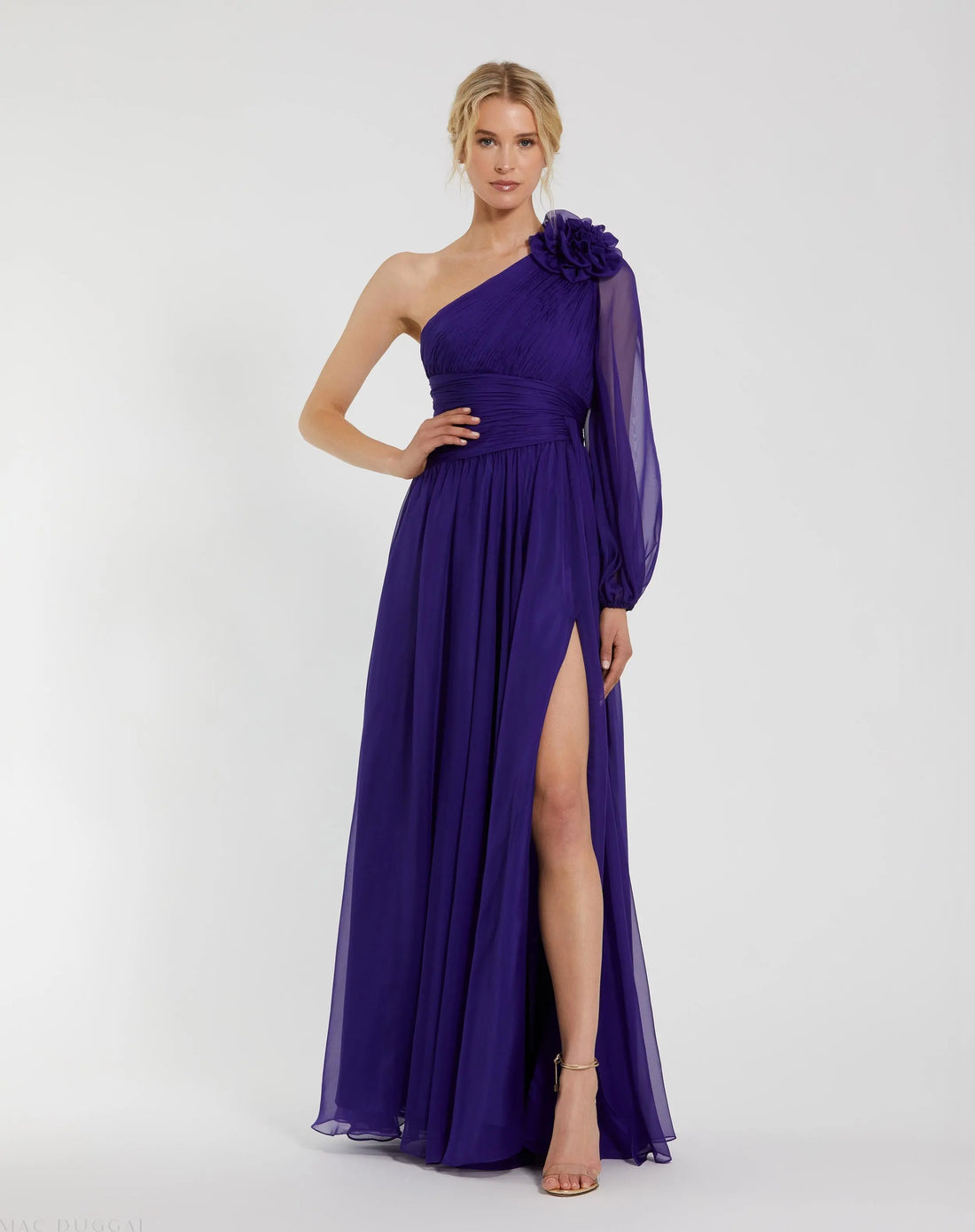 One Sleeve Ruched Chiffon Gown With 3D Flower | Mac Duggal One Sleeve Ruched Chiffon Gown With 3D Flower | Mac Duggal