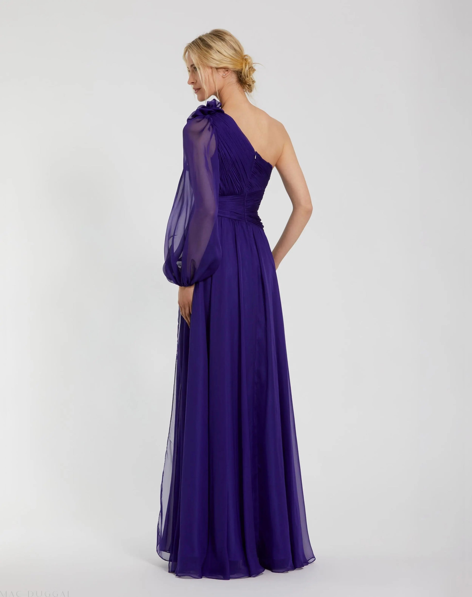 Ieena for Mac Duggal - Purple One Sleeve Ruched Chiffon Gown With 3D Flower