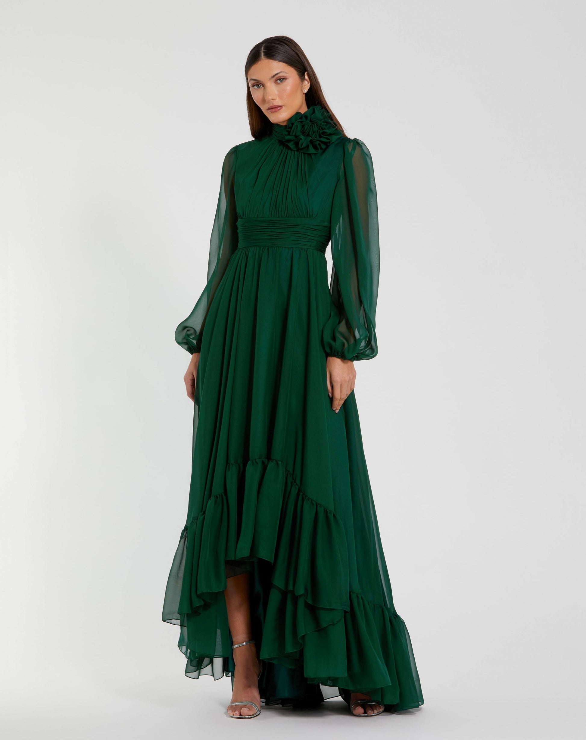 High Low Long Sleeve Chiffon Gown With 3D Flower