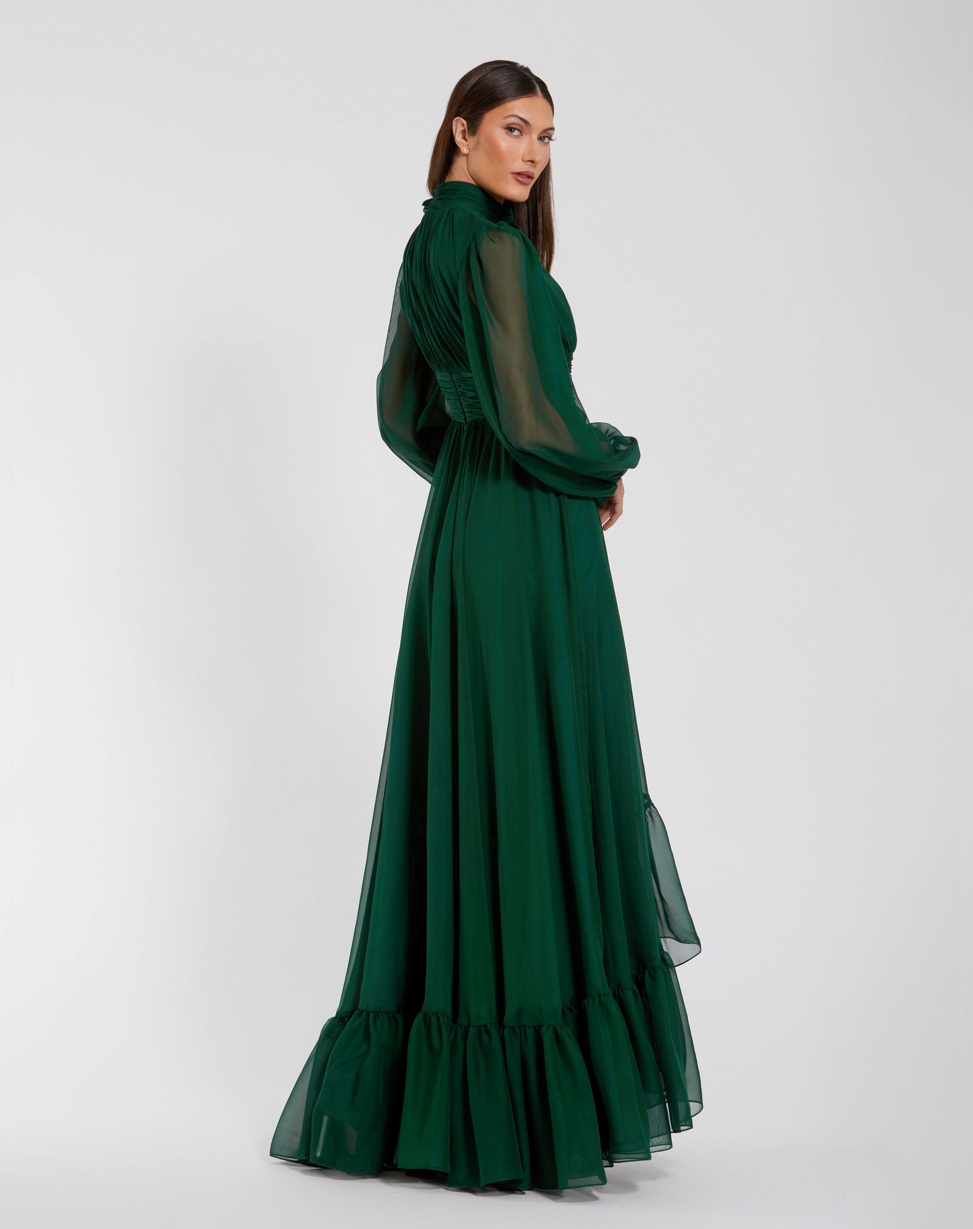 High Low Long Sleeve Chiffon Gown With 3D Flower