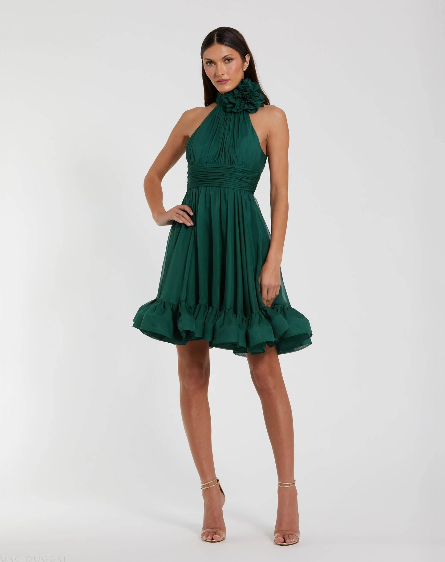 Green Sleeveless Chiffon Mini Dress With 3D Flower - Ieena for Mac Duggal