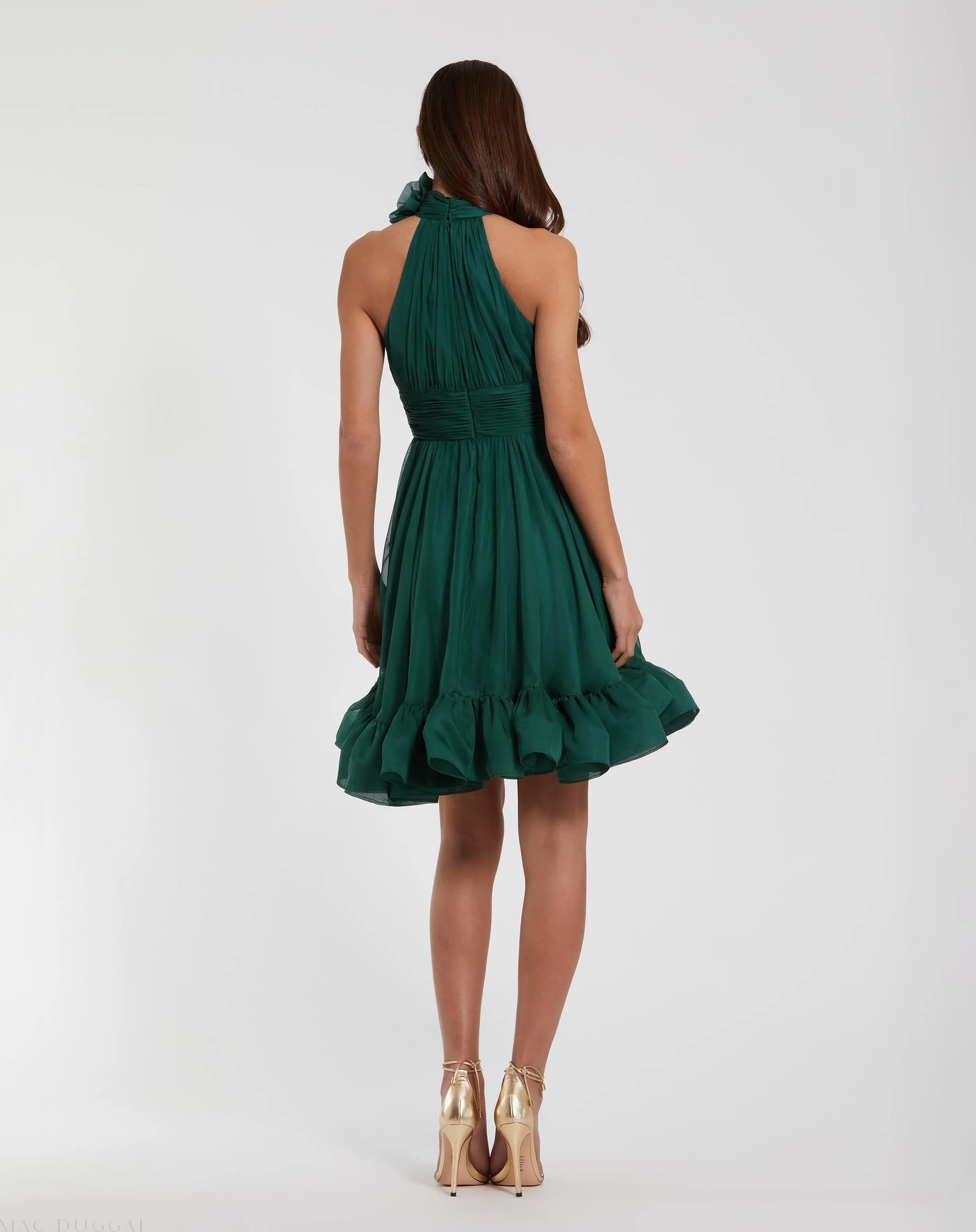 Green Sleeveless Chiffon Mini Dress With 3D Flower - Ieena for Mac Duggal