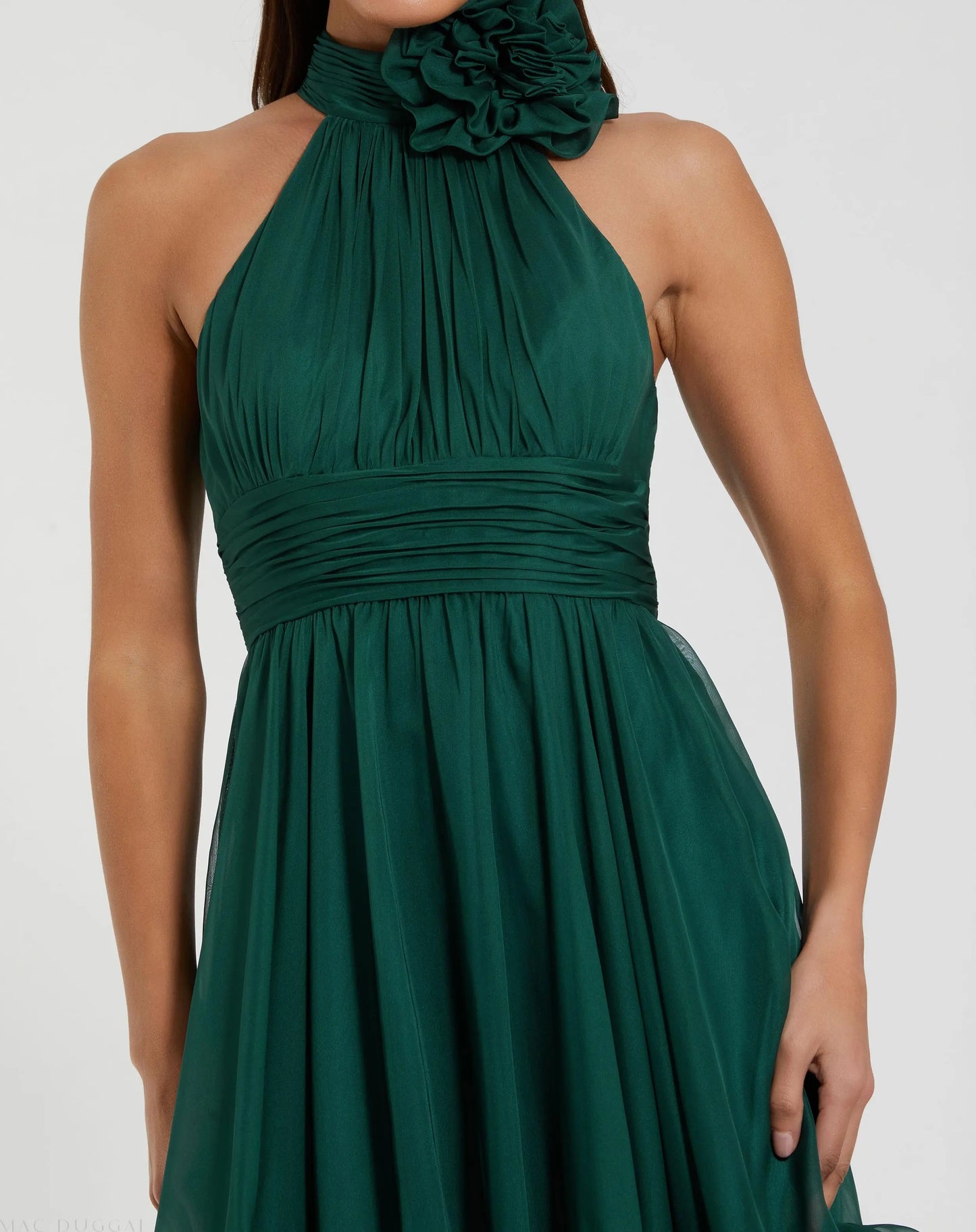Green Sleeveless Chiffon Mini Dress With 3D Flower - Ieena for Mac Duggal