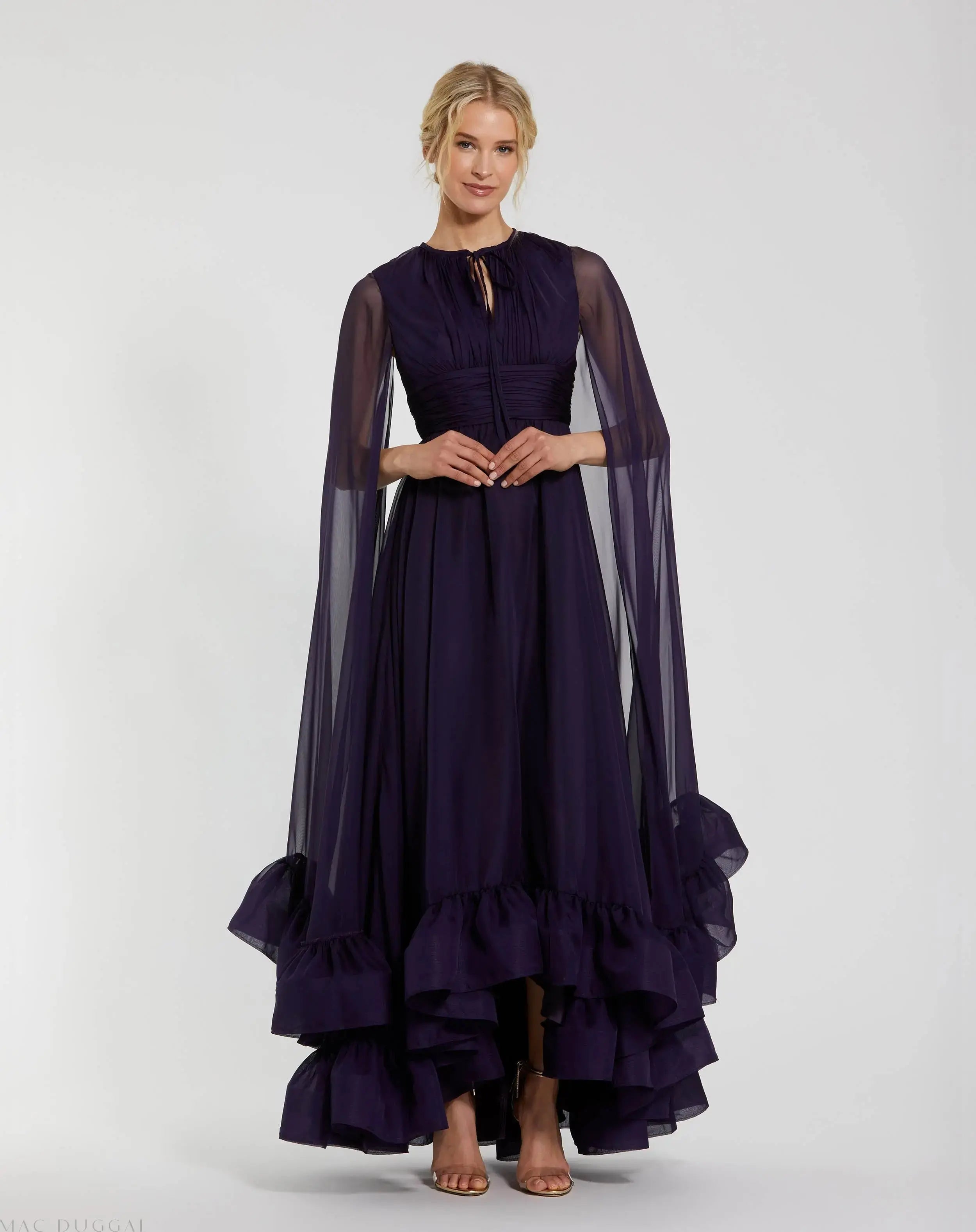 Purple Chiffon Cape Sleeve Ankle-Length Dress With Keyhole - Ieena for Mac Duggal