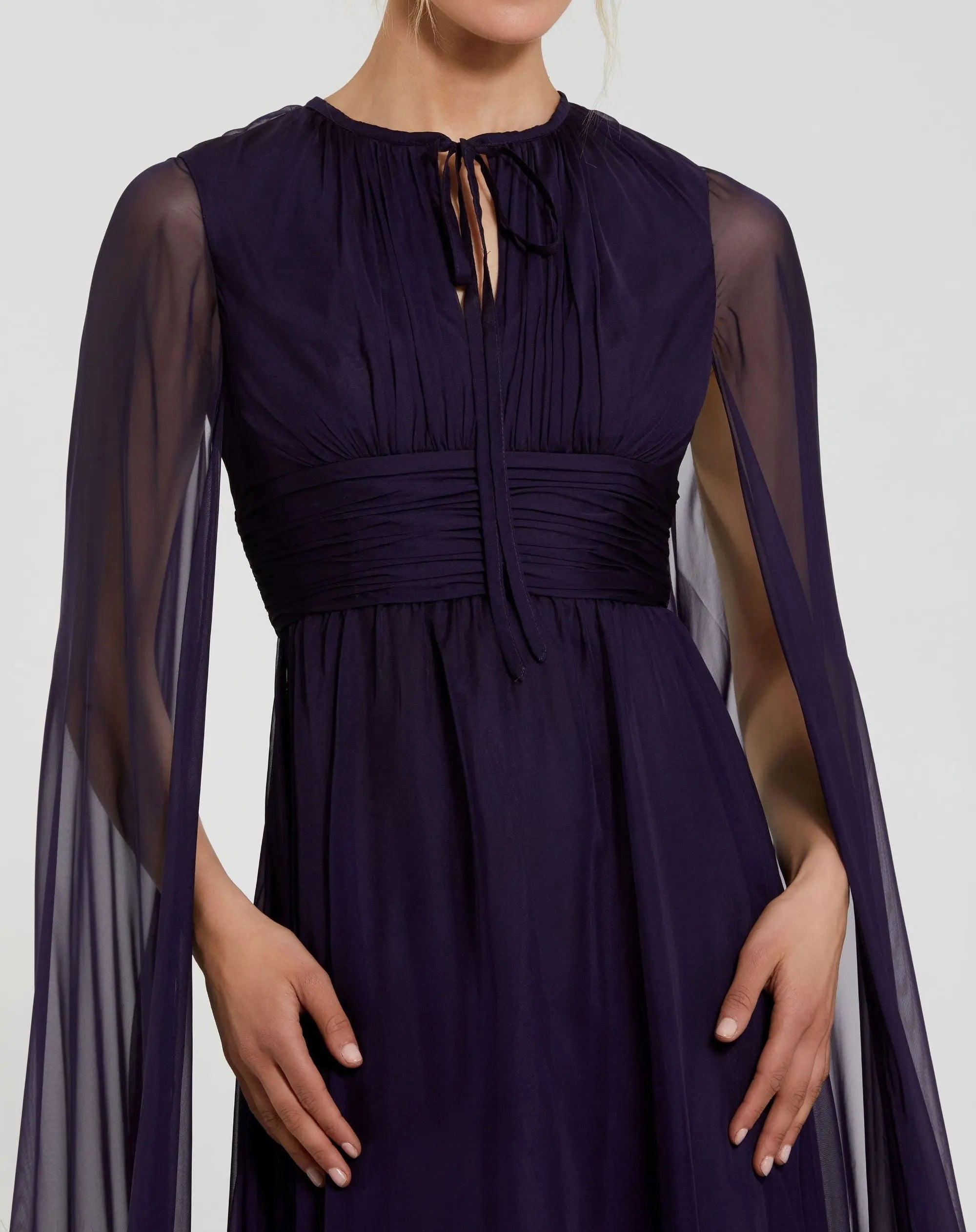 Purple Chiffon Cape Sleeve Ankle-Length Dress With Keyhole - Ieena for Mac Duggal