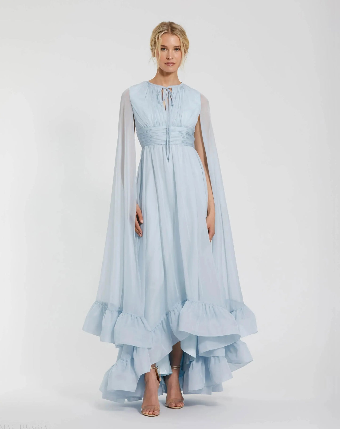 Blue Chiffon Cape Sleeve Ankle-Length Dress With Keyhole - Ieena for Mac Duggal