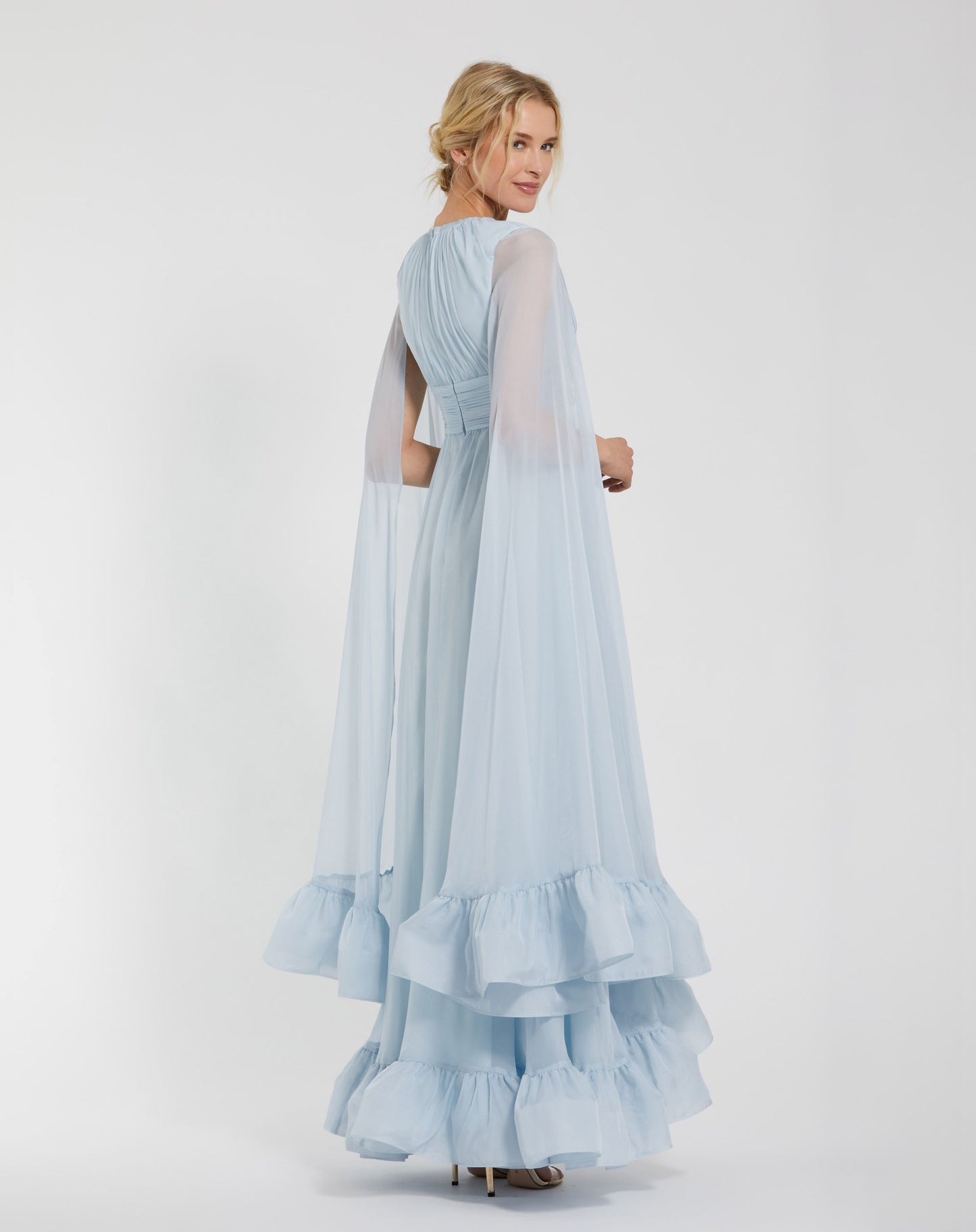 Blue Chiffon Cape Sleeve Dress With Keyhole