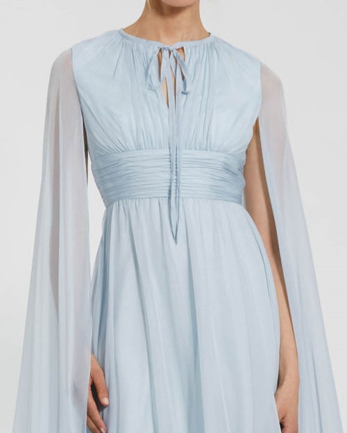 Blue Chiffon Cape Sleeve Dress With Keyhole