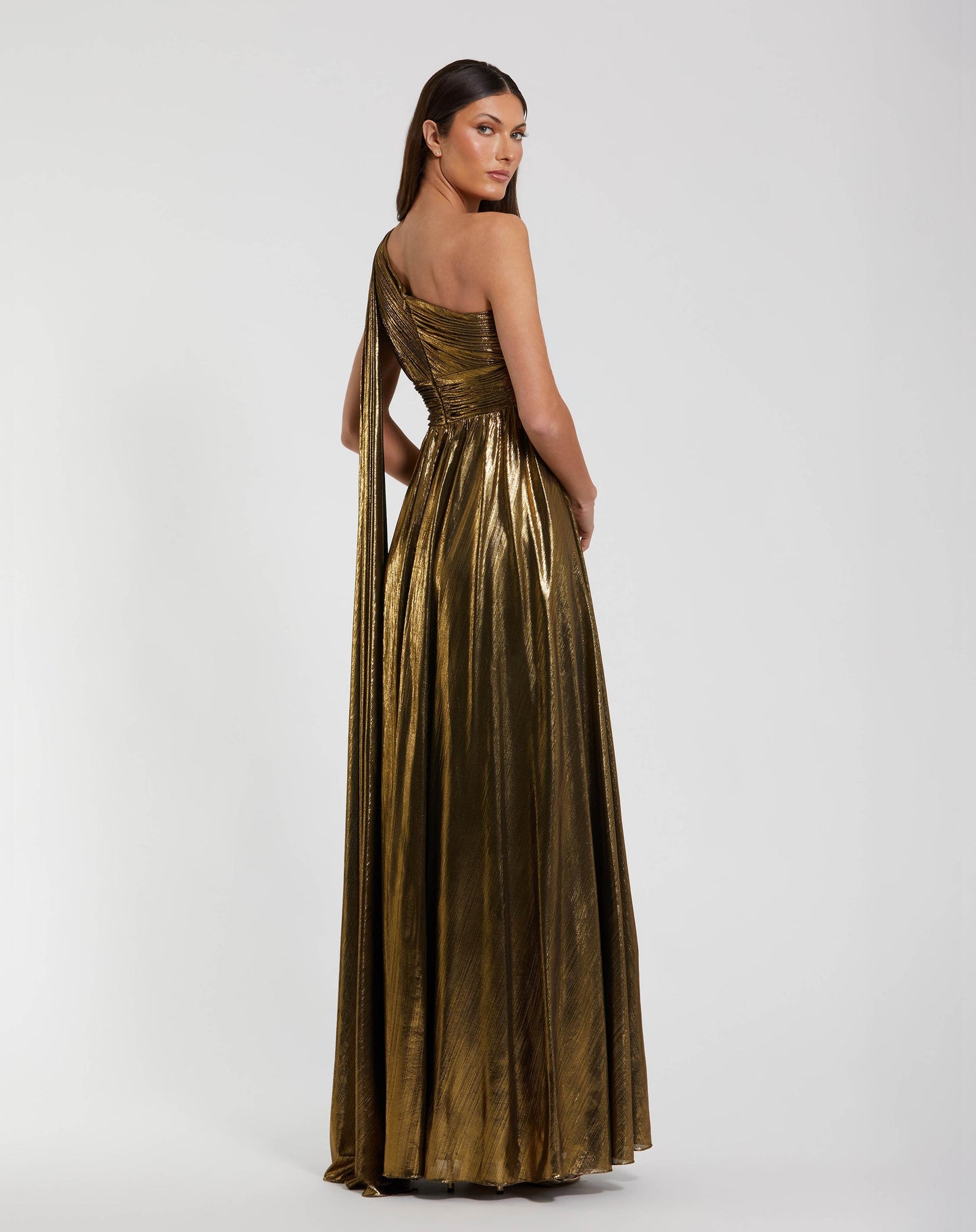 Gold Metallic One Shoulder Gown With Slit - Ieena for Mac Duggal