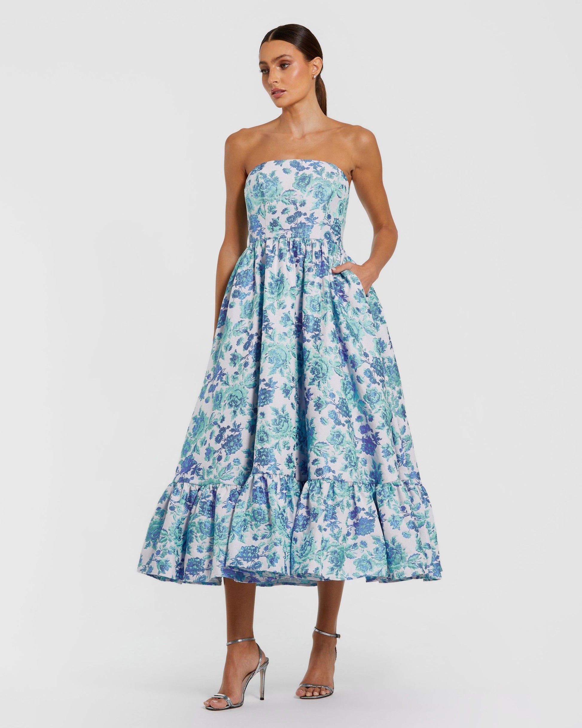 Blue Floral Brocade Strapless A Line Midi Dress Mac Duggal