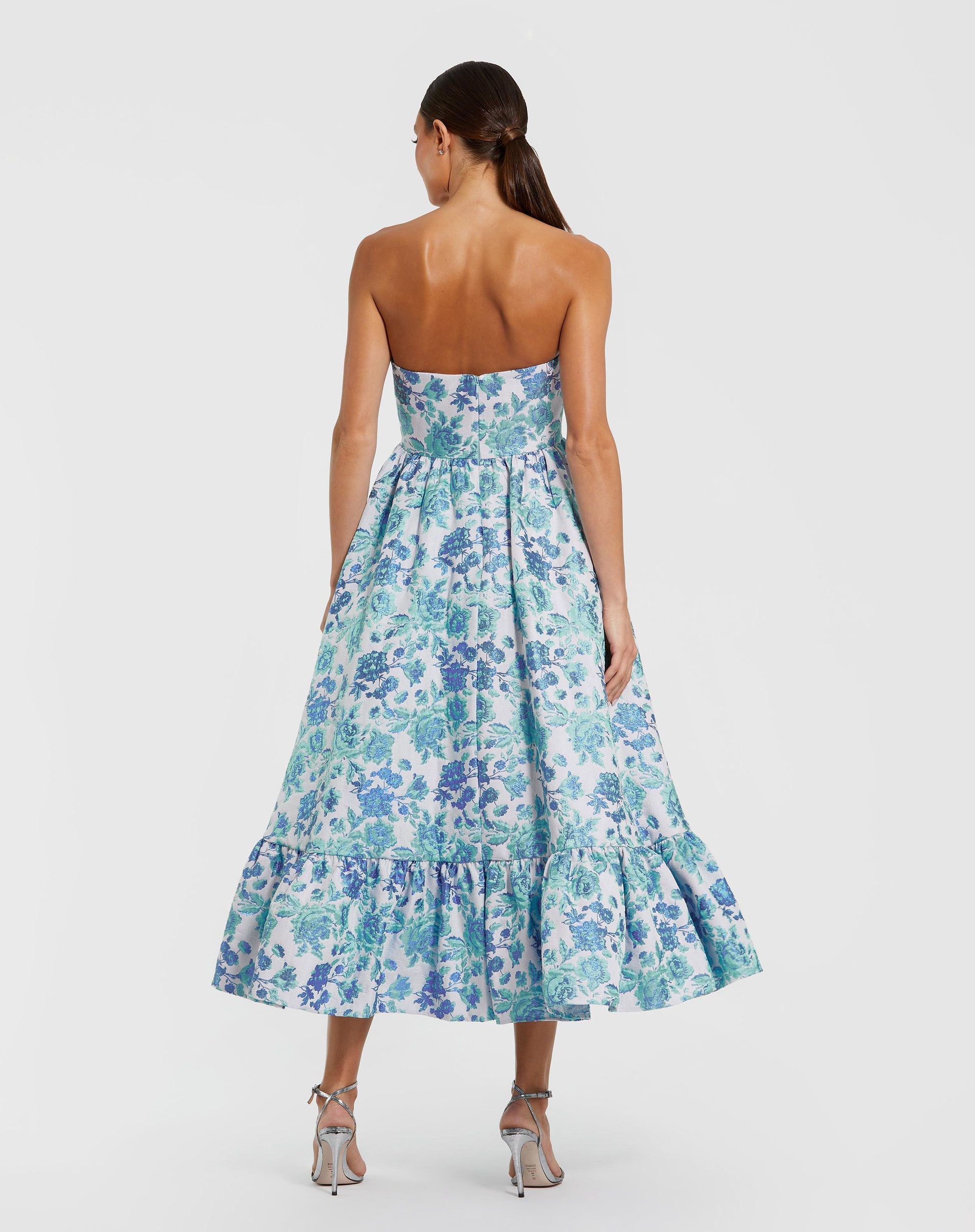 Blue Floral Brocade Strapless A Line Midi Dress Mac Duggal