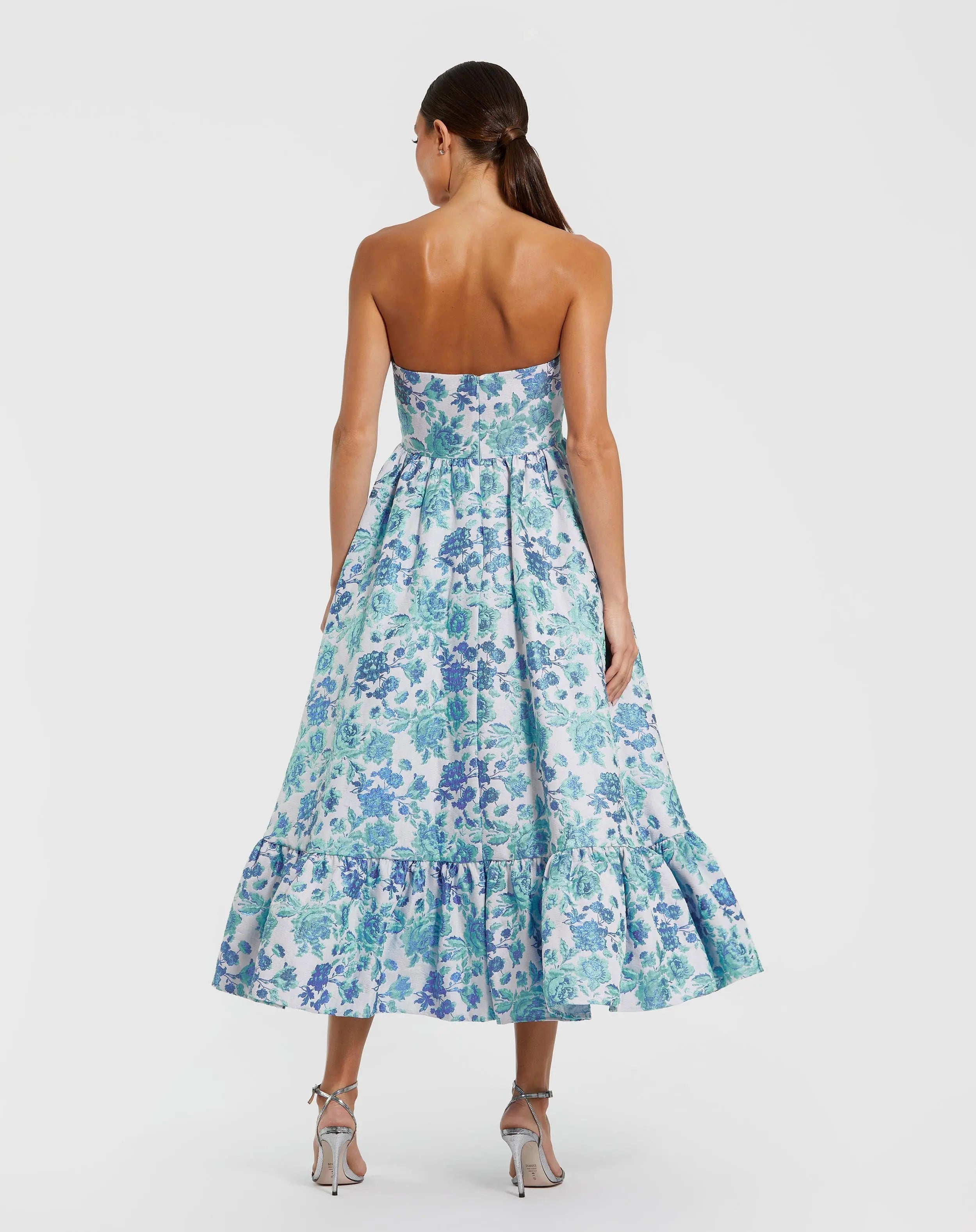 Blue Floral Brocade Strapless A Line Midi Dress Mac Duggal