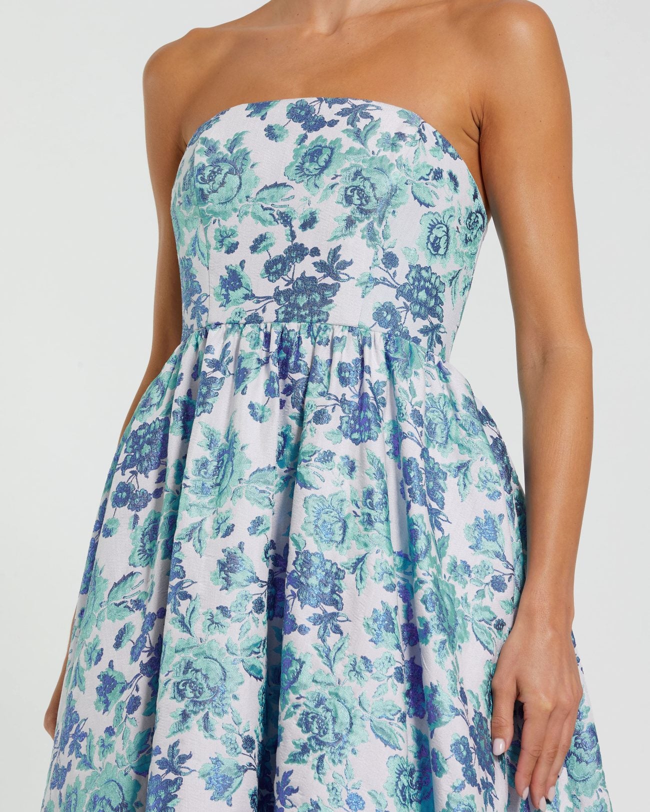 Blue Floral Brocade Strapless A Line Midi Dress Mac Duggal