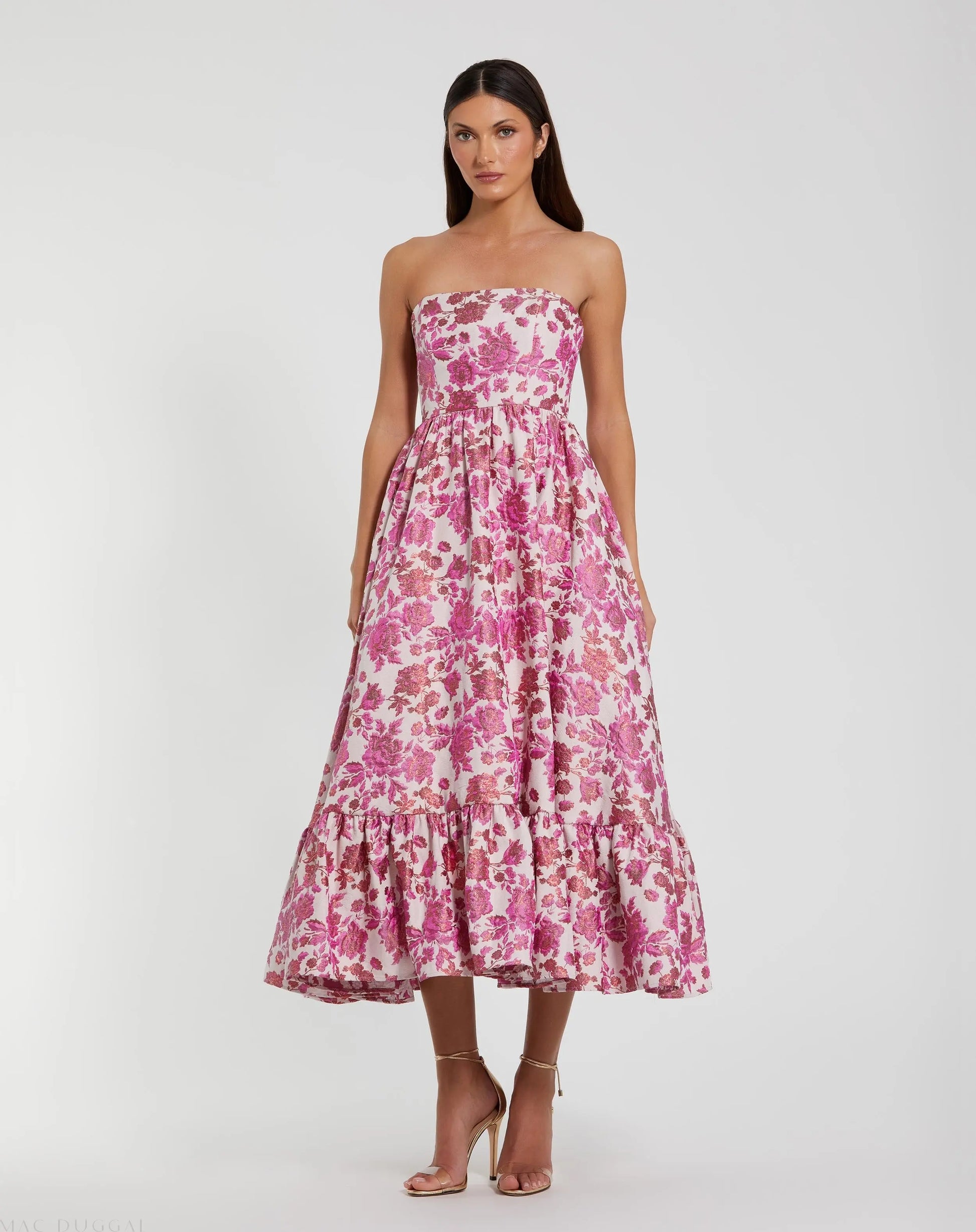 Pink Floral Brocade Strapless A Line Midi Dress - Mac Duggal Pink Floral Brocade Strapless A Line Midi Dress - Mac Duggal