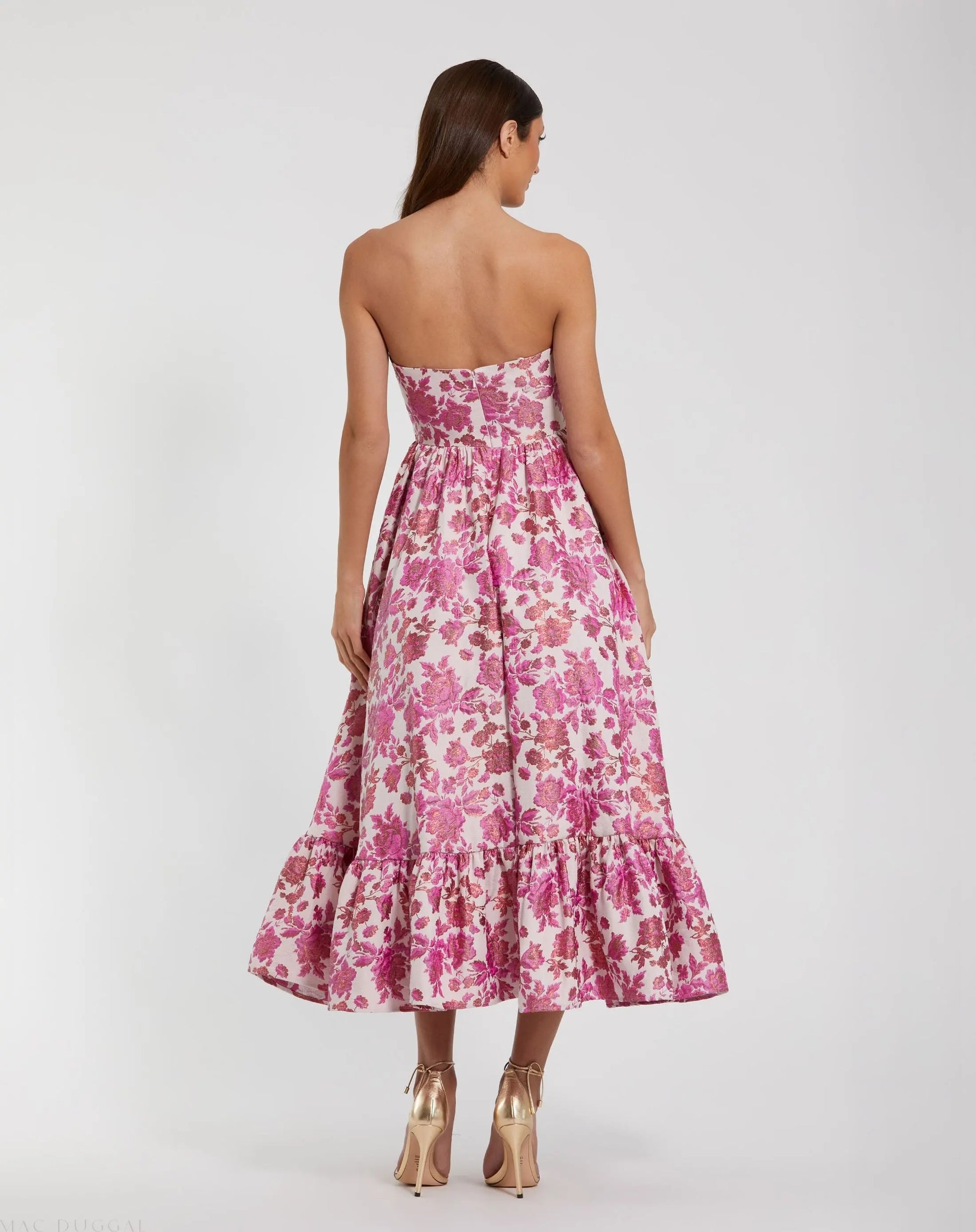 mac duggal strapless brocade floral ruffle-hem a-line maxi dress Multicolor Gown With Ruffle Hem Expect to be turning heads as you walk into your special event wearing this creatively romantic dress by Mac Duggal 11604 Pink Floral Brocade Strapless A
