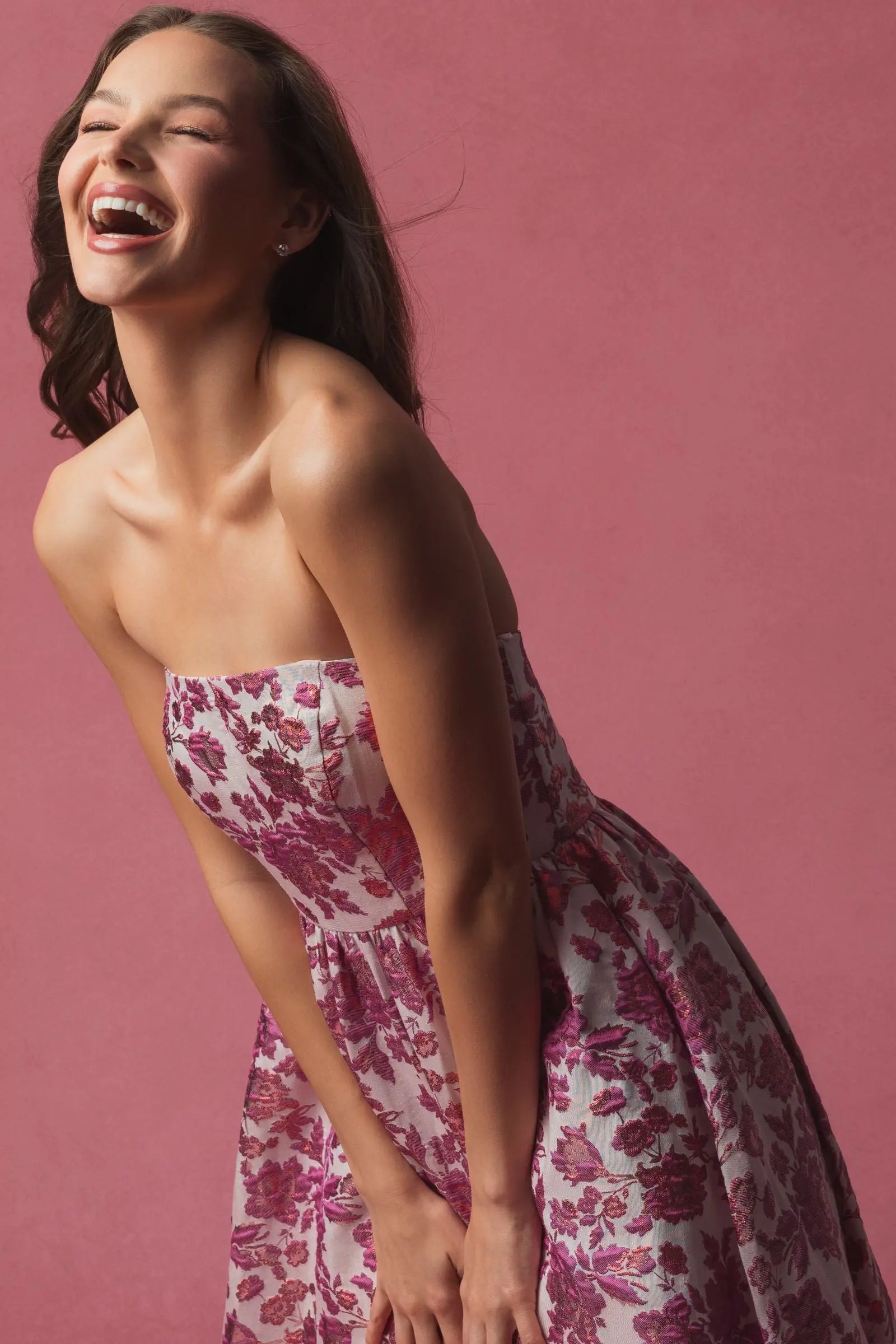 Pink Floral Brocade Strapless A Line Midi Dress - Mac Duggal Pink Floral Brocade Strapless A Line Midi Dress - Mac Duggal