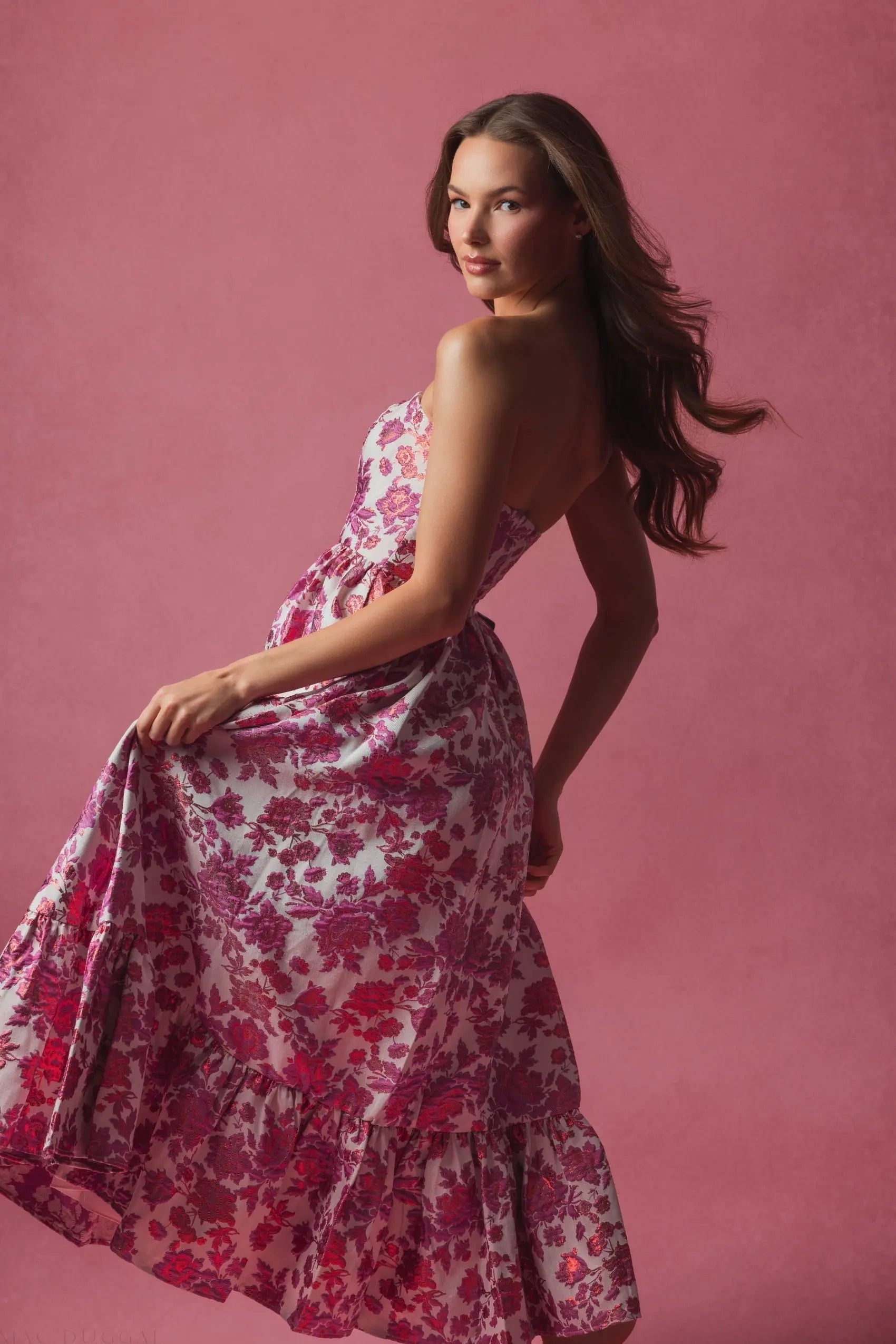 Pink Floral Brocade Strapless A Line Midi Dress - Mac Duggal Pink Floral Brocade Strapless A Line Midi Dress - Mac Duggal