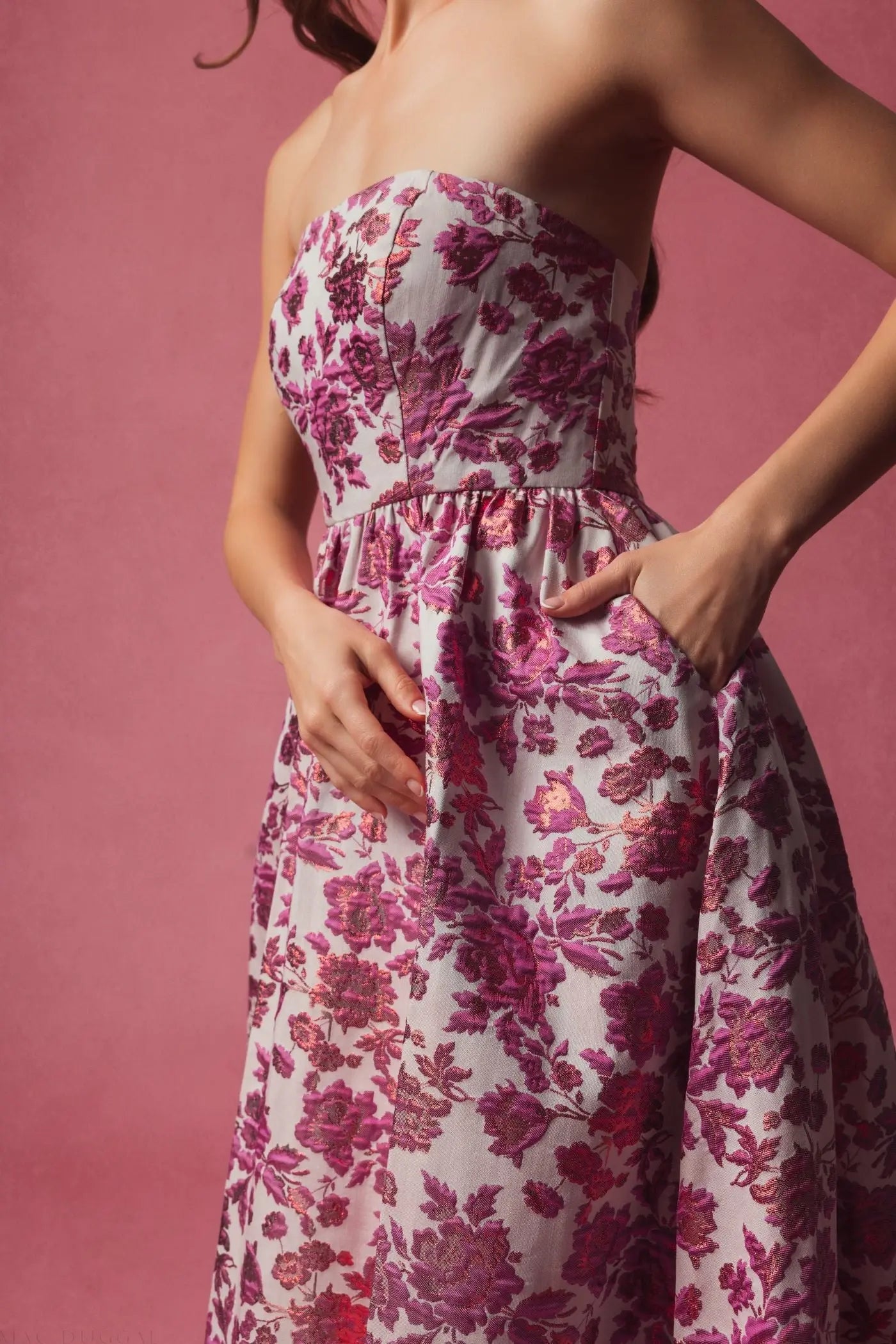Pink Floral Brocade Strapless A Line Midi Dress - Mac Duggal Pink Floral Brocade Strapless A Line Midi Dress - Mac Duggal