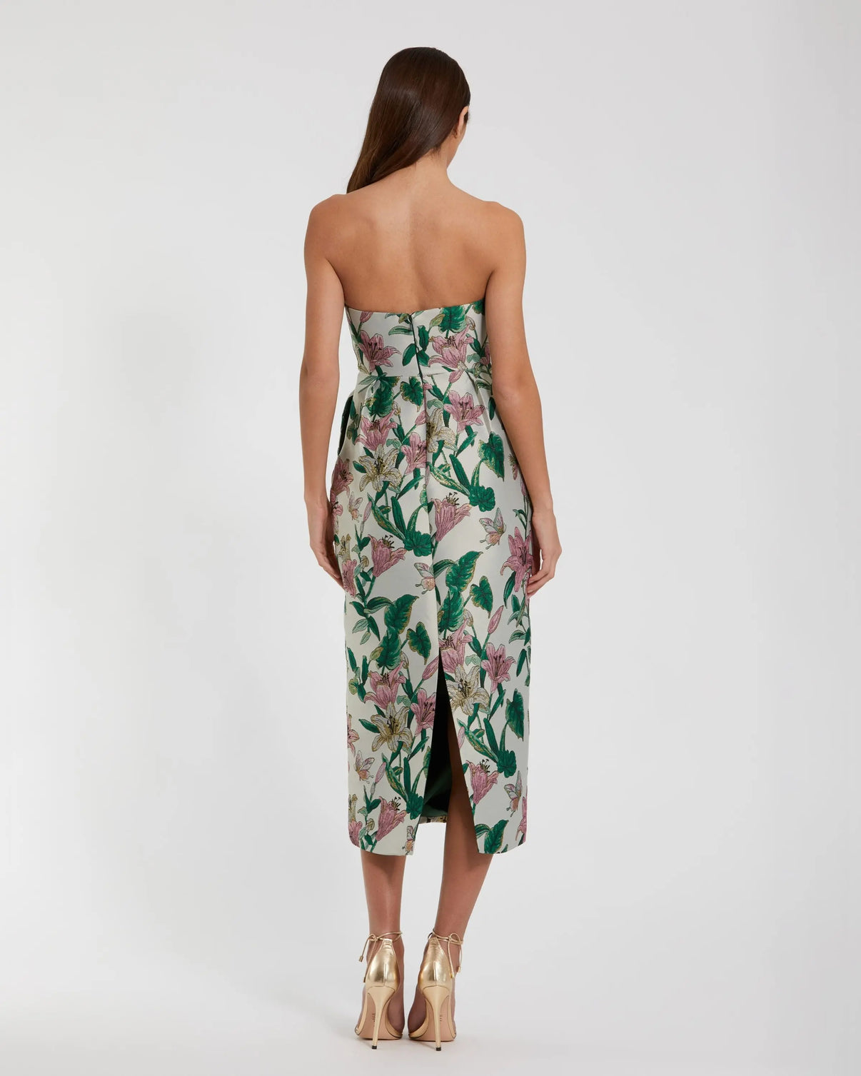 Floral Brocade Strapless Fitted Midi Dress