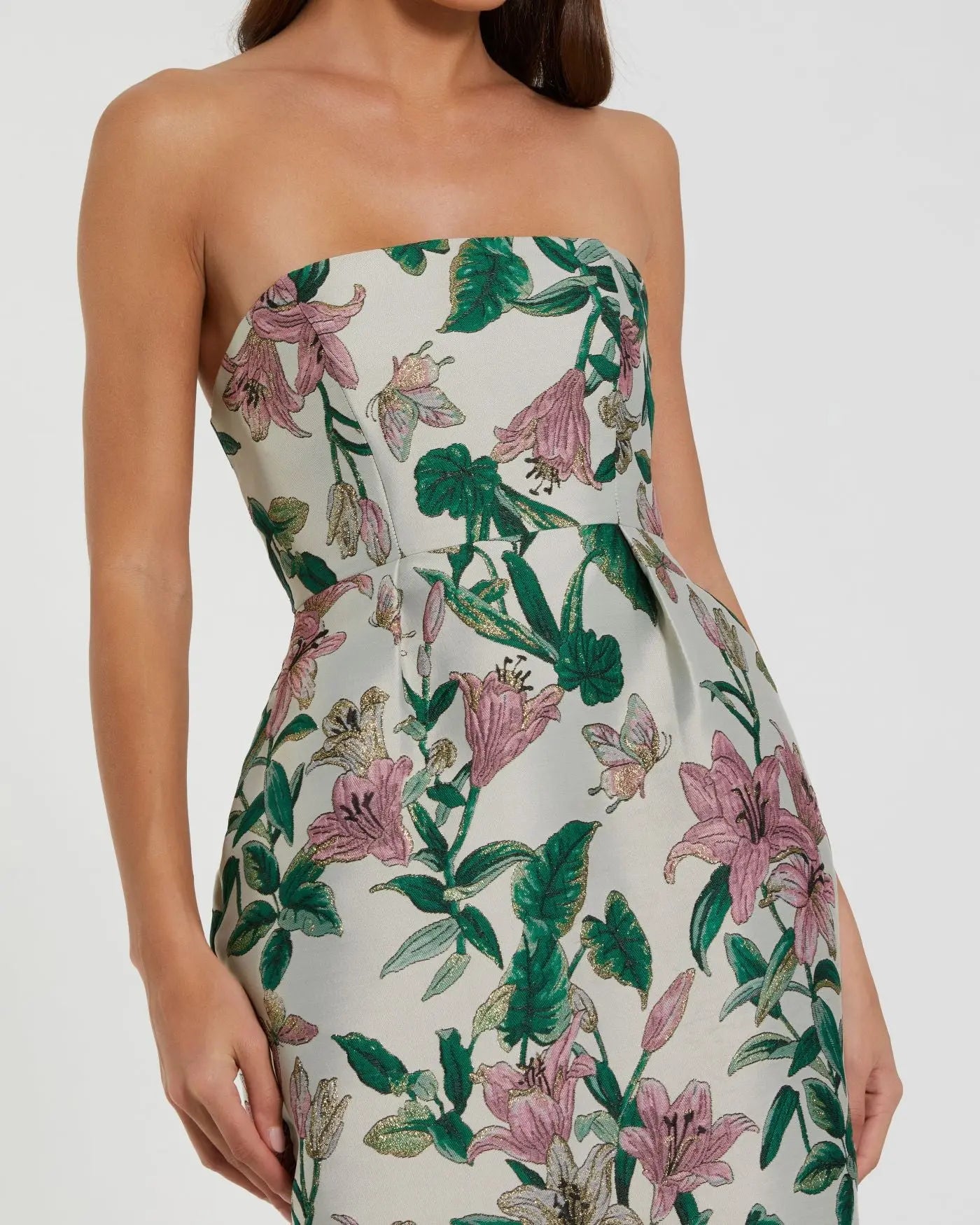 Floral Brocade Strapless Fitted Midi Dress