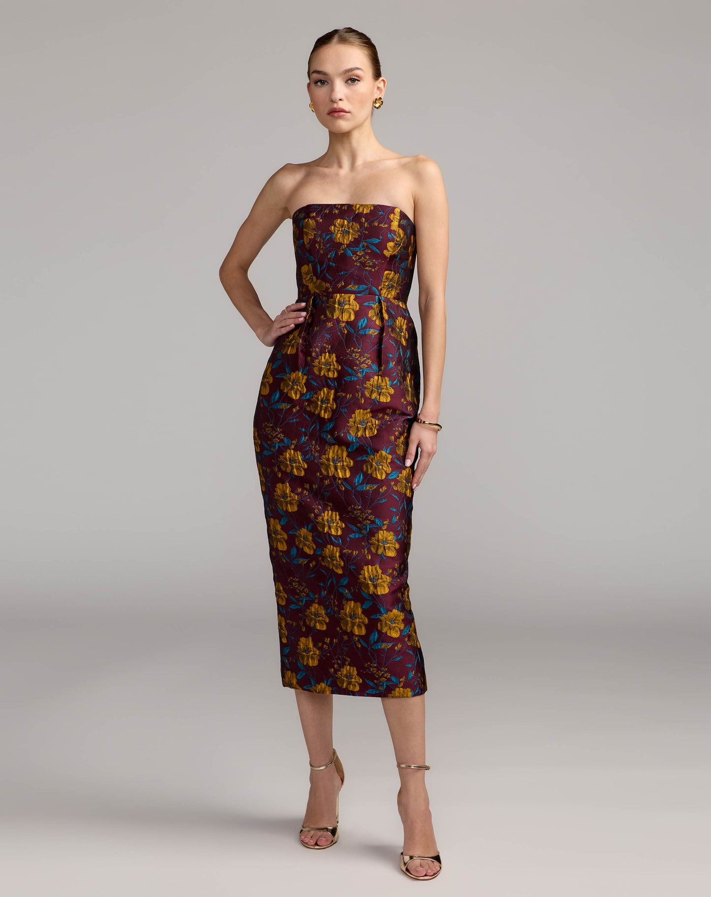 Burgundy Floral Brocade Strapless Fitted Midi Dress - Mac Duggal