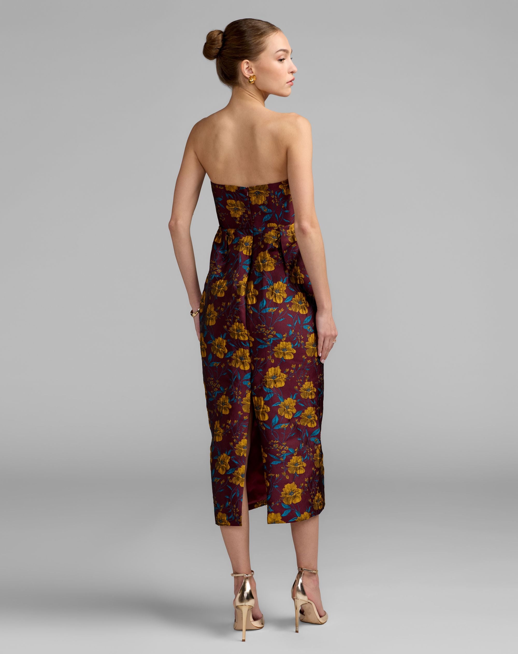 Burgundy Floral Brocade Strapless Fitted Midi Dress - Mac Duggal