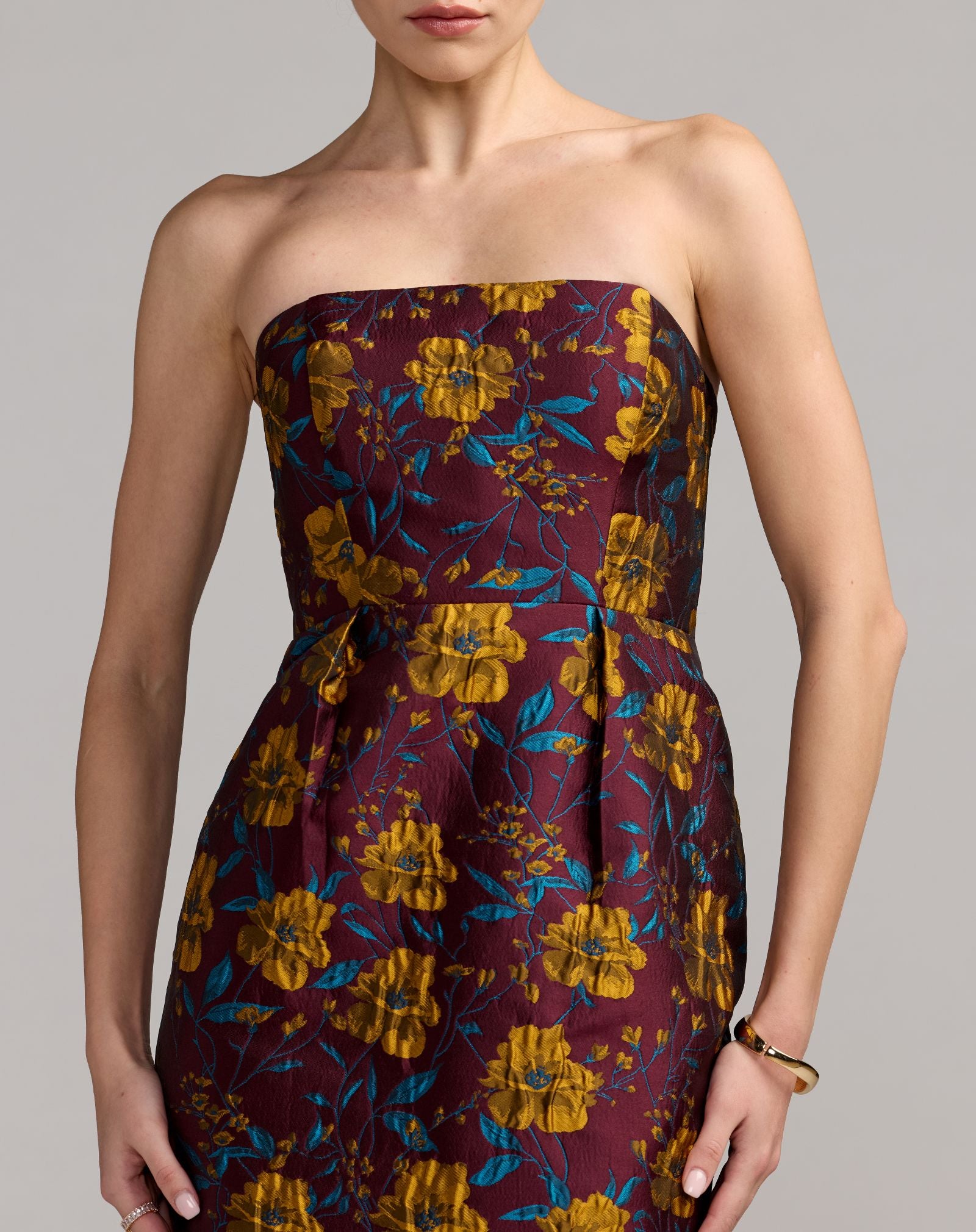 Burgundy Floral Brocade Strapless Fitted Midi Dress - Mac Duggal