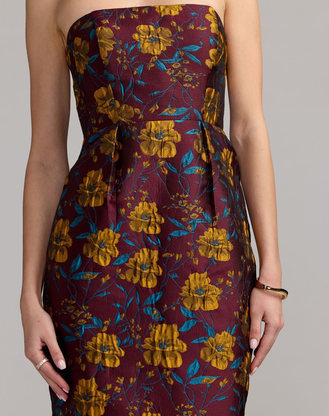 Burgundy Floral Brocade Strapless Fitted Midi Dress - Mac Duggal